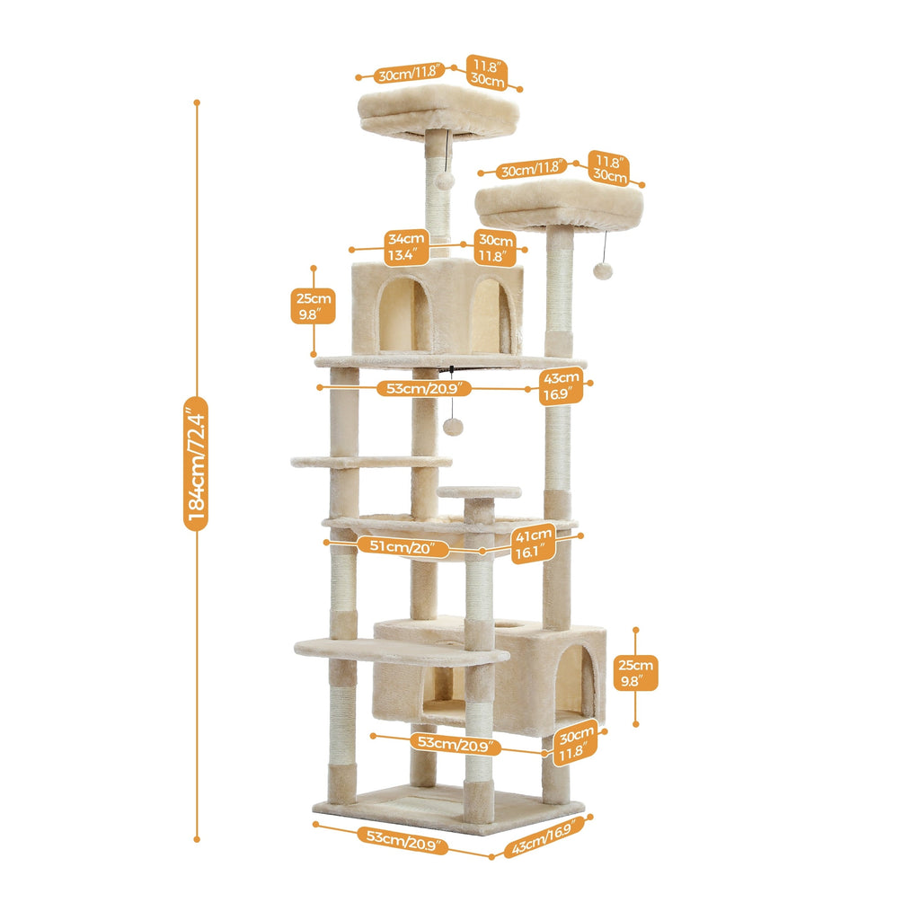 Large Cat Tower Cat Condo with Scratching Posts and Pads, 2 Padded Perch, Dual Condo and Basket