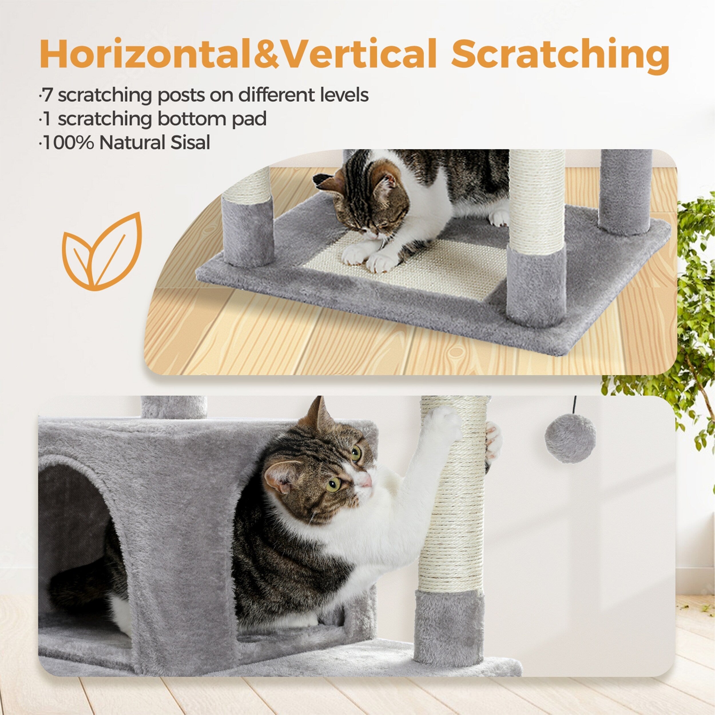 Large Cat Tower Cat Condo with Scratching Posts and Pads, 2 Padded Perch, Dual Condo and Basket