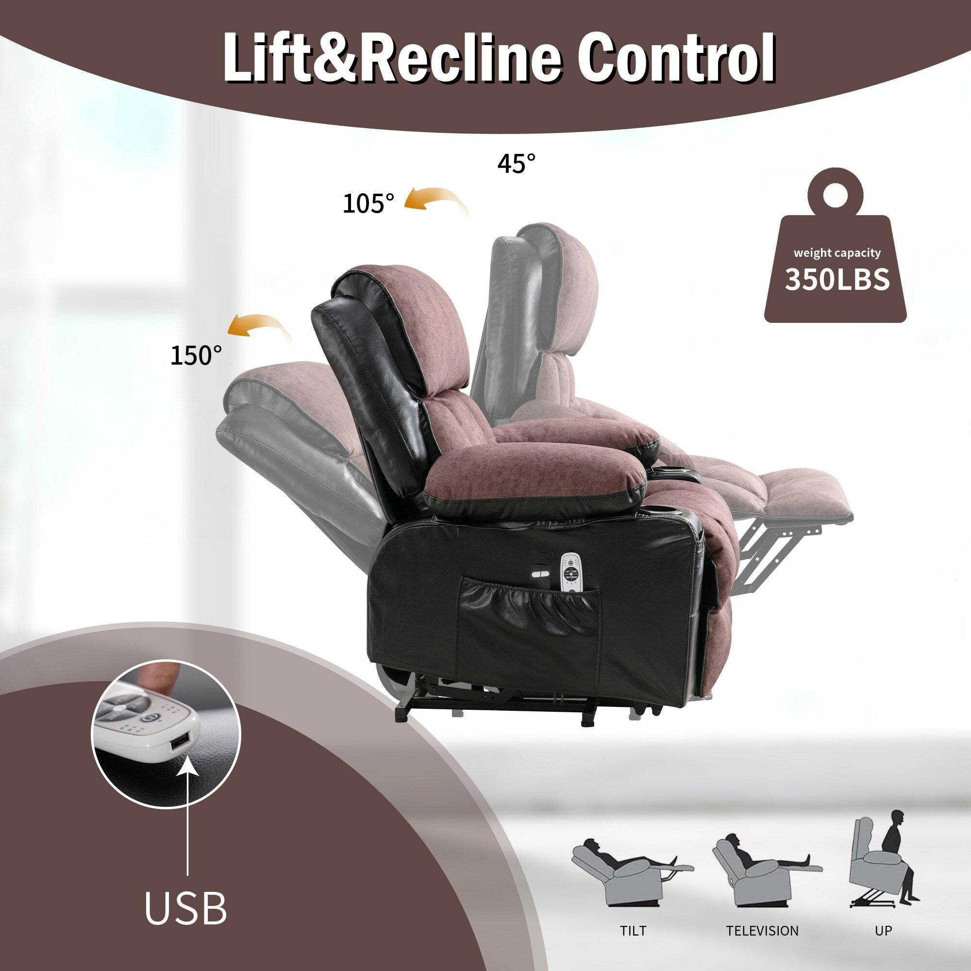 Large Power Lift Recliner Chair with Heat and 8-Point Massage - Remote Control, USB Port