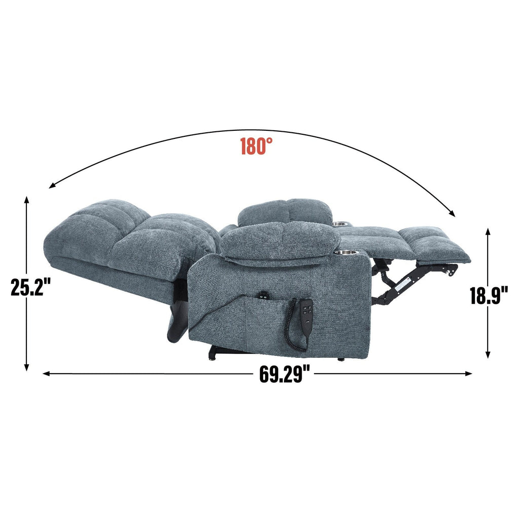 Lazy Boy Dual Motor Chenille Power Lift Recliner w/Massage and Lumbar Heating, Dual Cup Holders, Grey-Blue