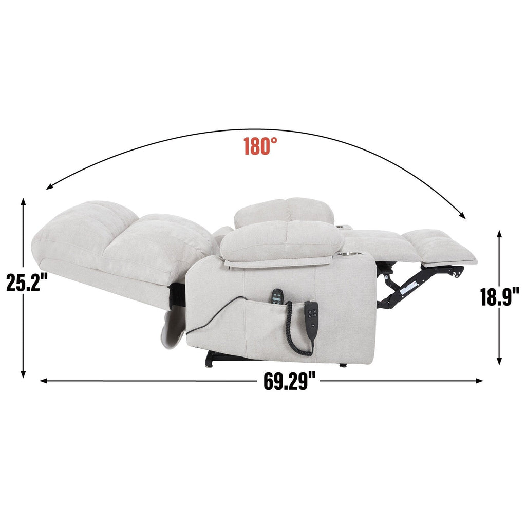 Lazy Boy Dual Motor Chenille Power Lift Recliner w/Massage and Lumbar Heating, Dual Cup Holders, Grey-Blue