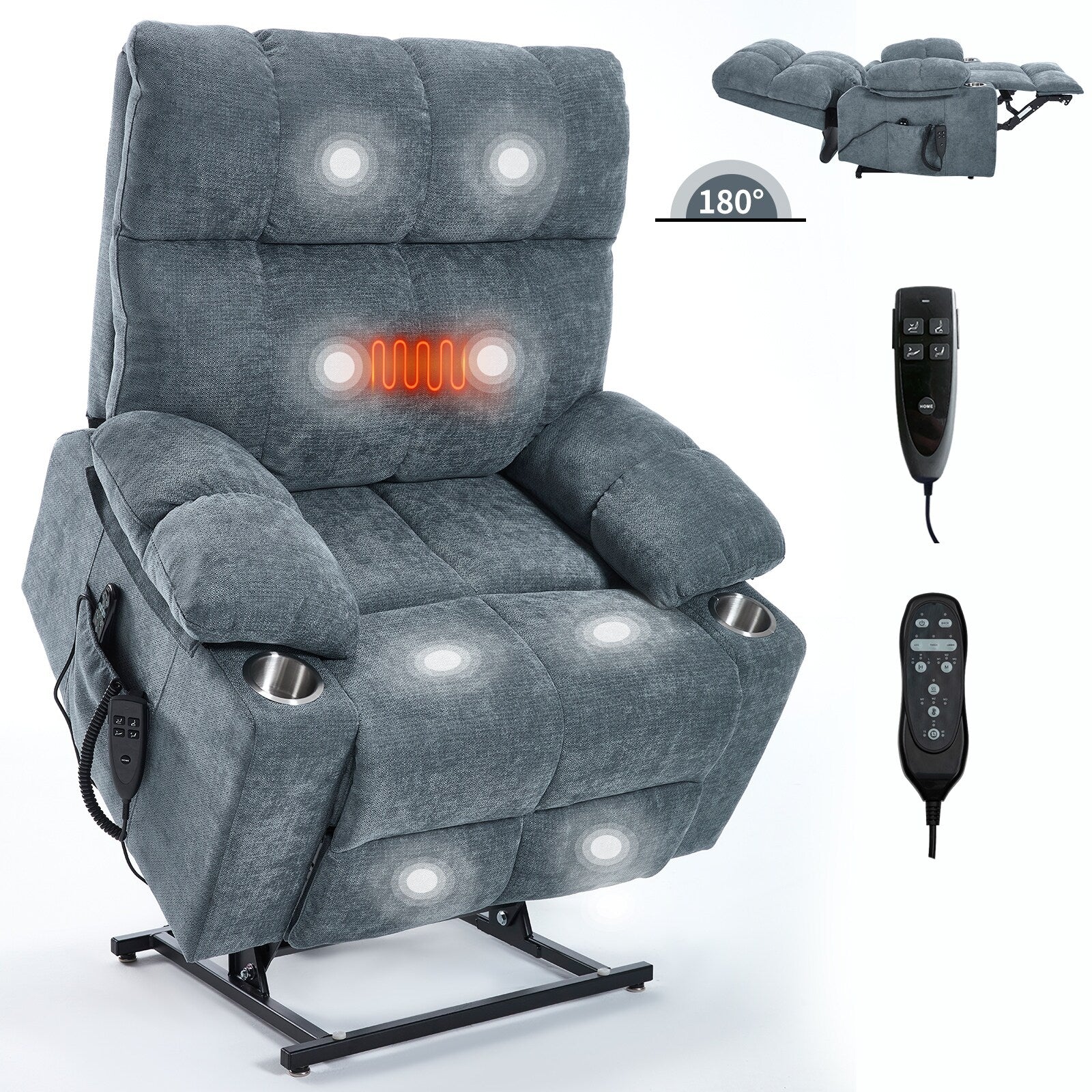 Lazy Boy Dual Motor Chenille Power Lift Recliner w/Massage and Lumbar Heating, Dual Cup Holders, Grey-Blue