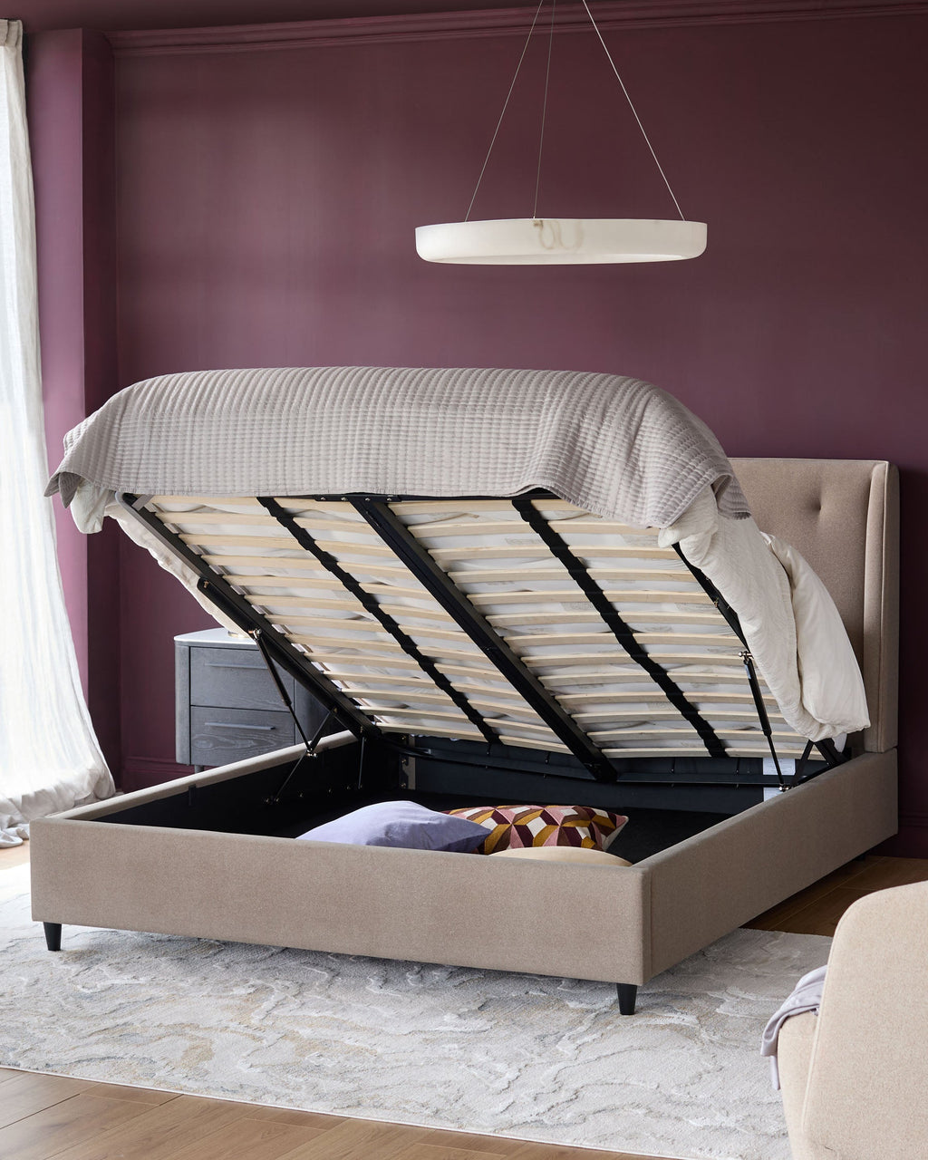 Lenora mocha fabric king ottoman storage bed