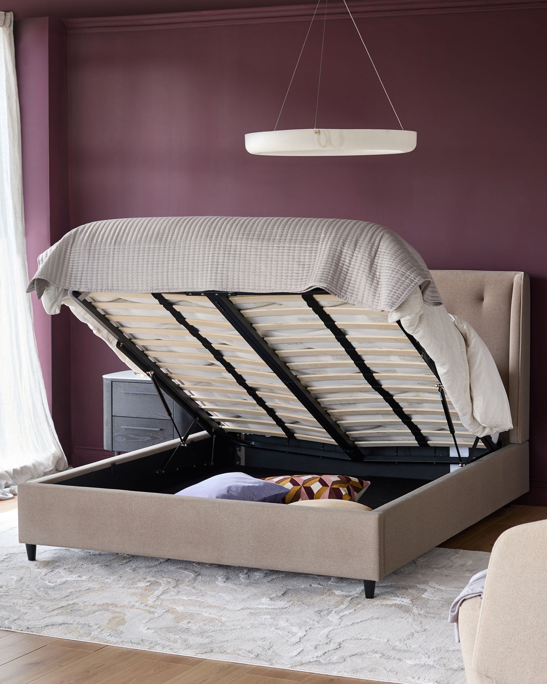 Lenora mocha fabric king ottoman storage bed
