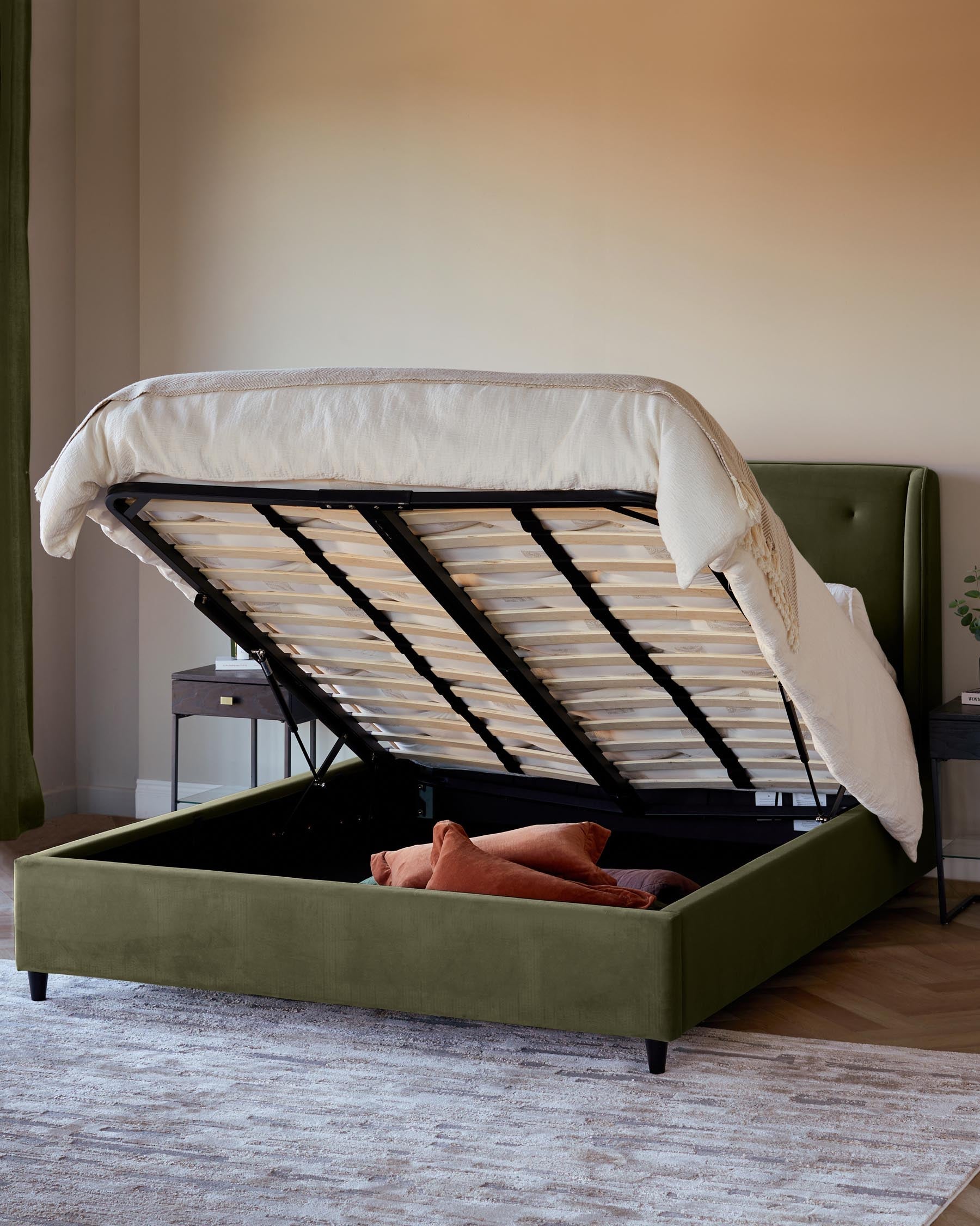 Lenora olive green velvet double ottoman storage bed