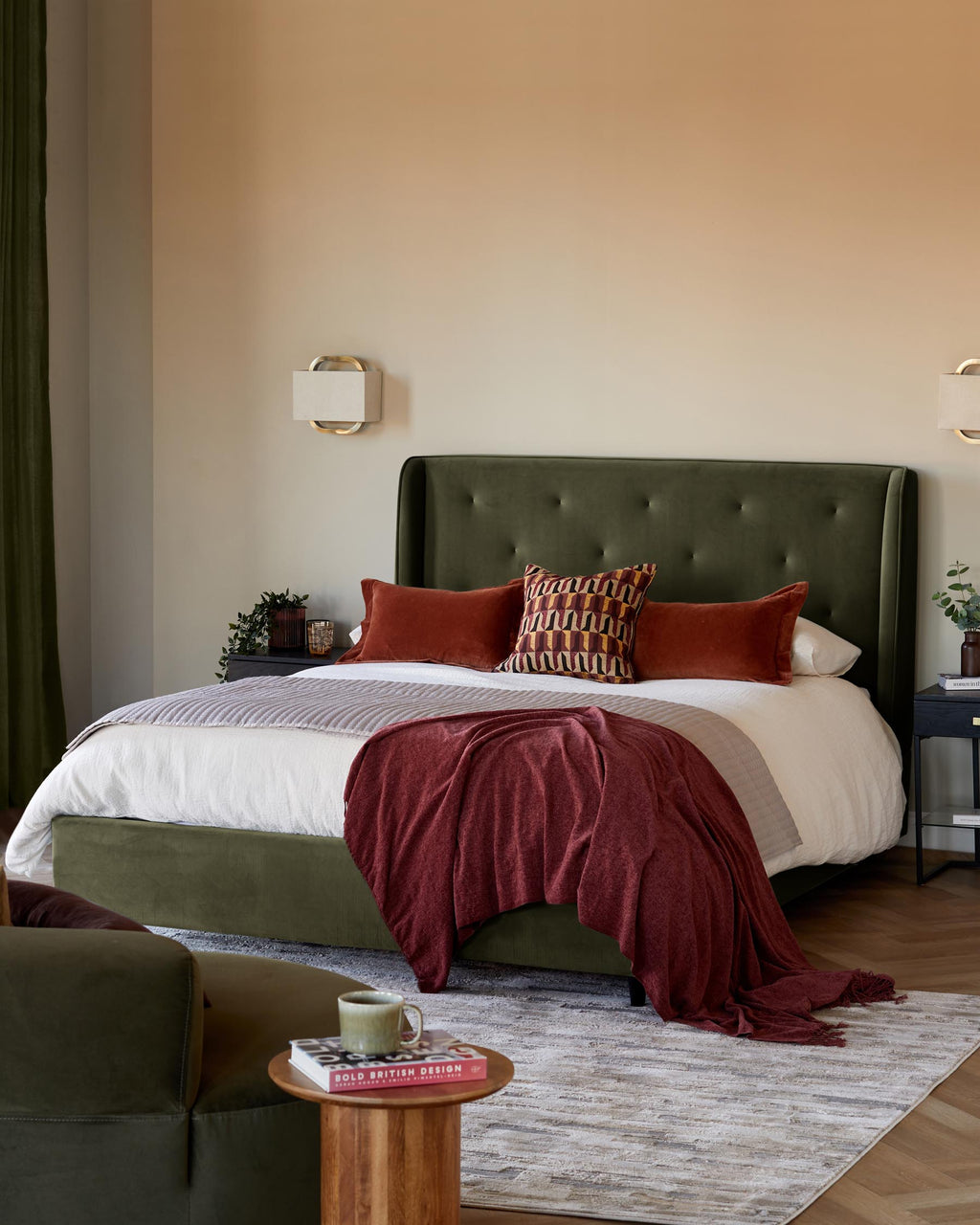 Lenora olive green velvet king size ottoman storage bed