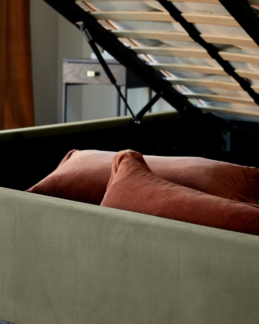 Lenora olive green velvet double ottoman storage bed