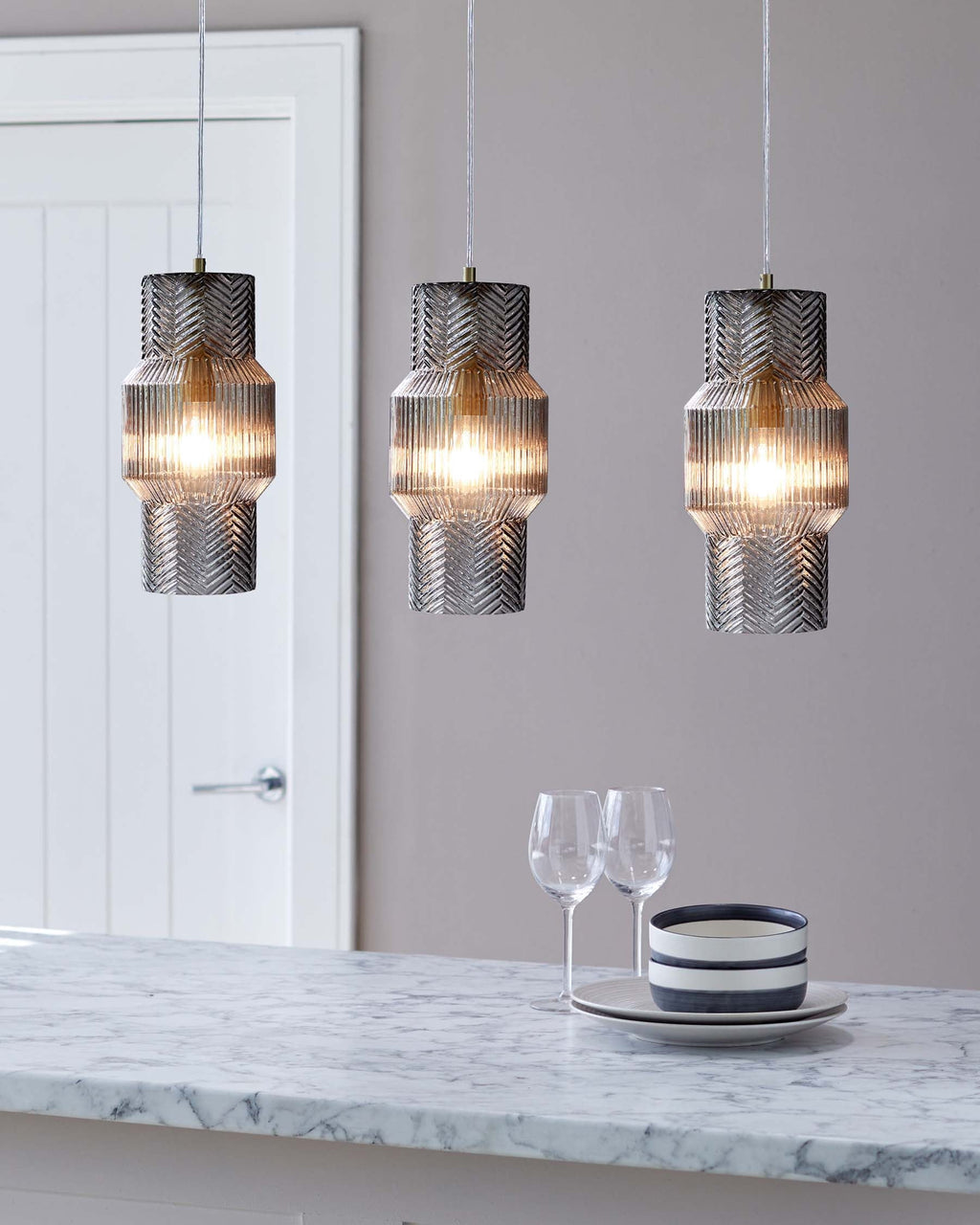 Leo Grey Glass 3 Light Brushed Brass Bar Pendant