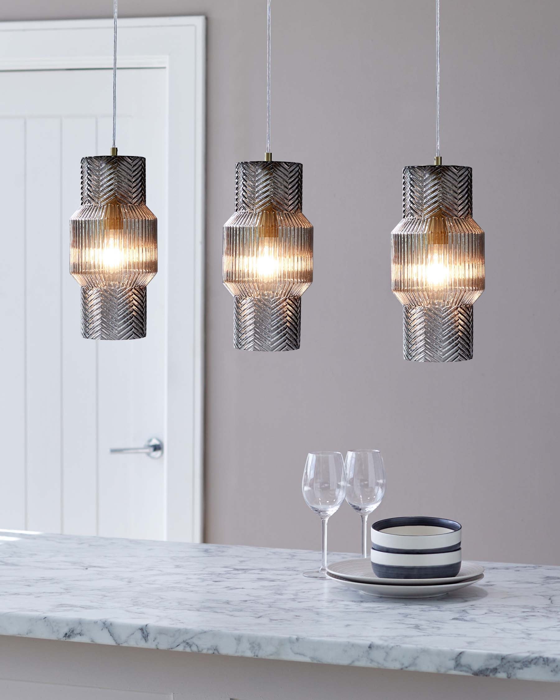 Leo Grey Glass 3 Light Brushed Brass Bar Pendant