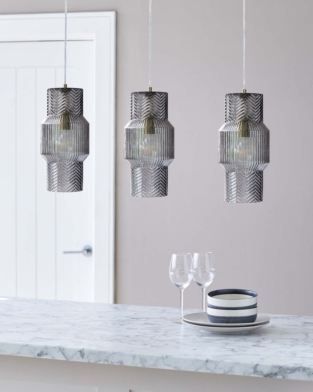 Leo Grey Glass 3 Light Brushed Brass Bar Pendant