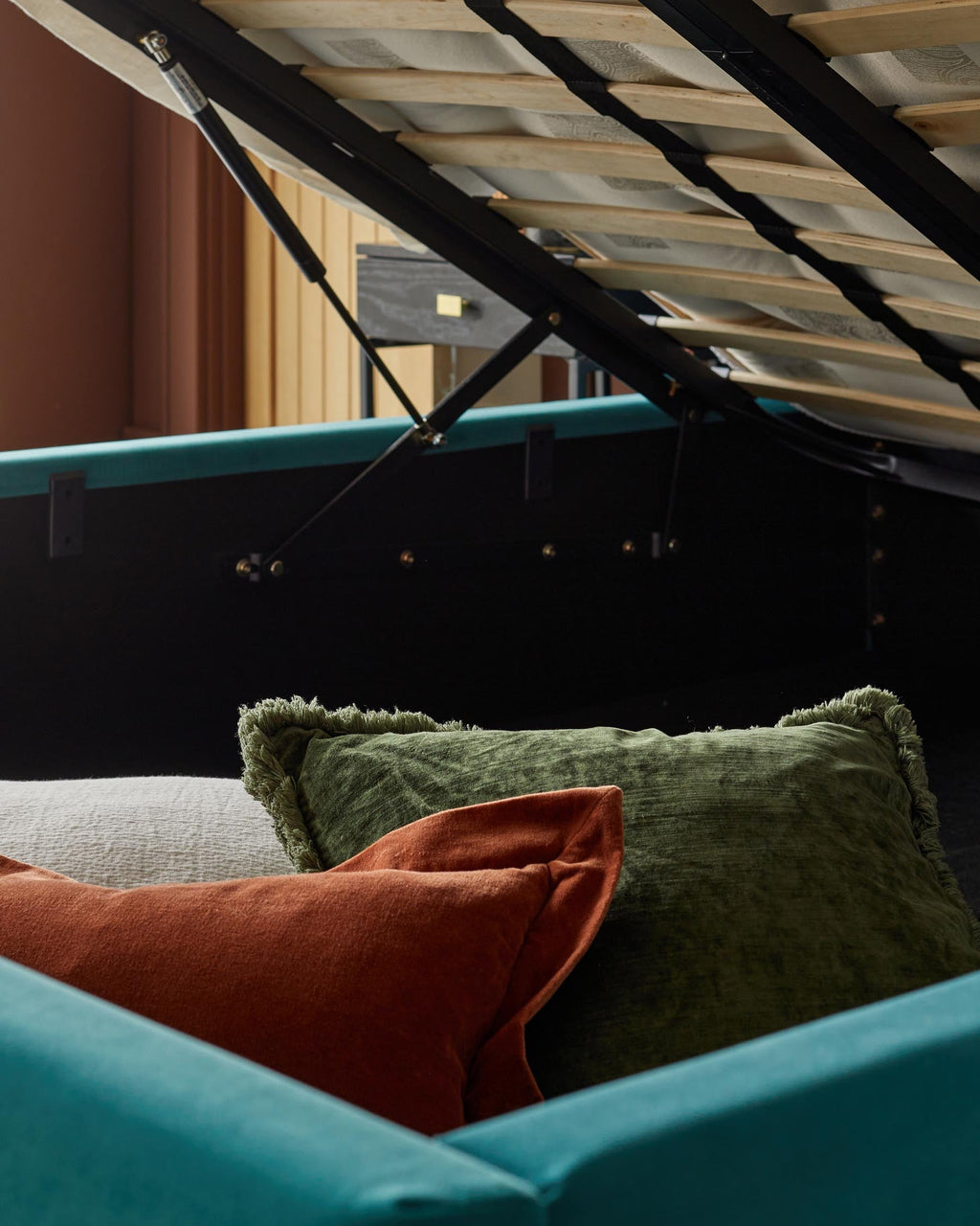 Leo Light Teal Velvet King Size Ottoman Storage Bed