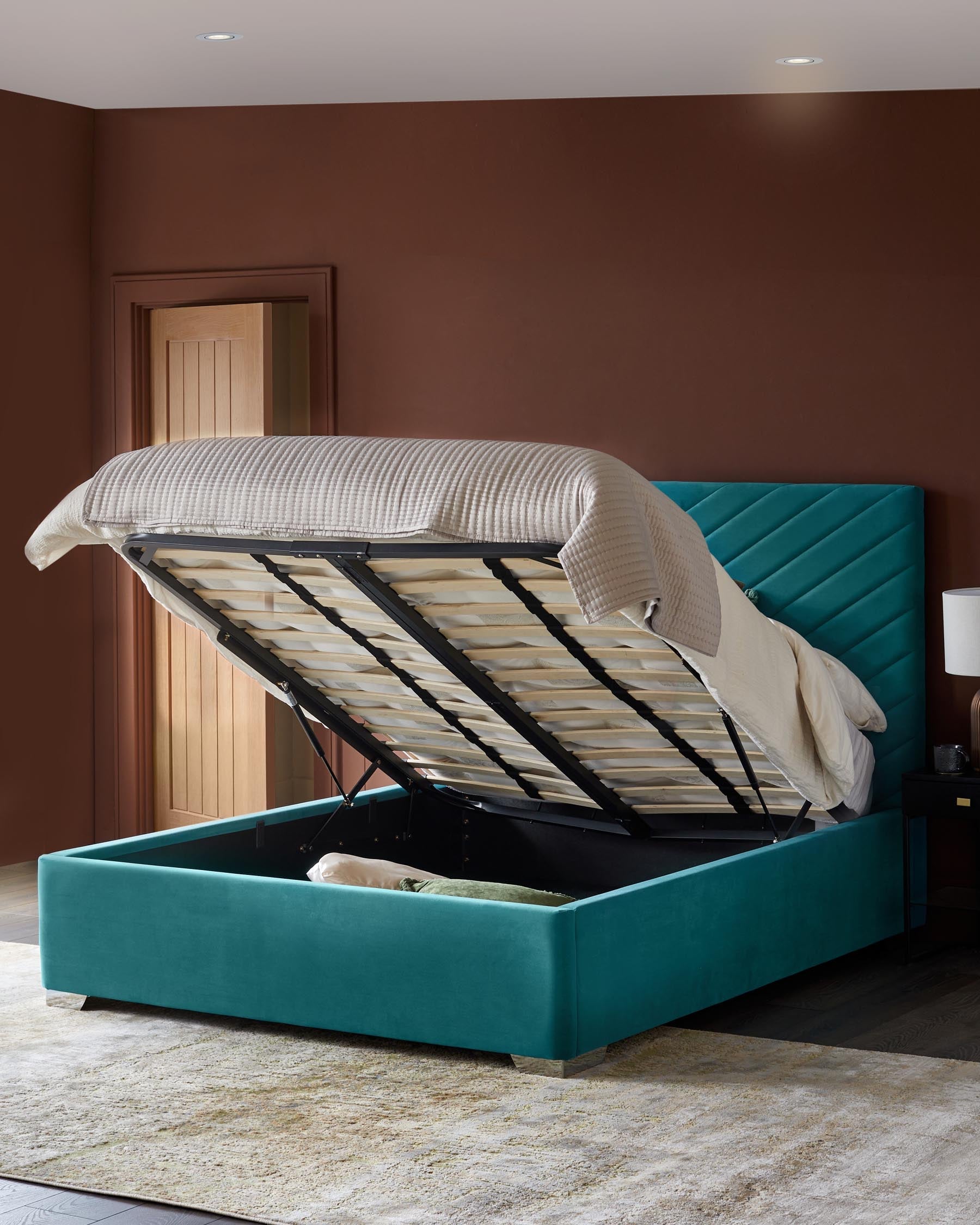 Leo Light Teal Velvet King Size Ottoman Storage Bed