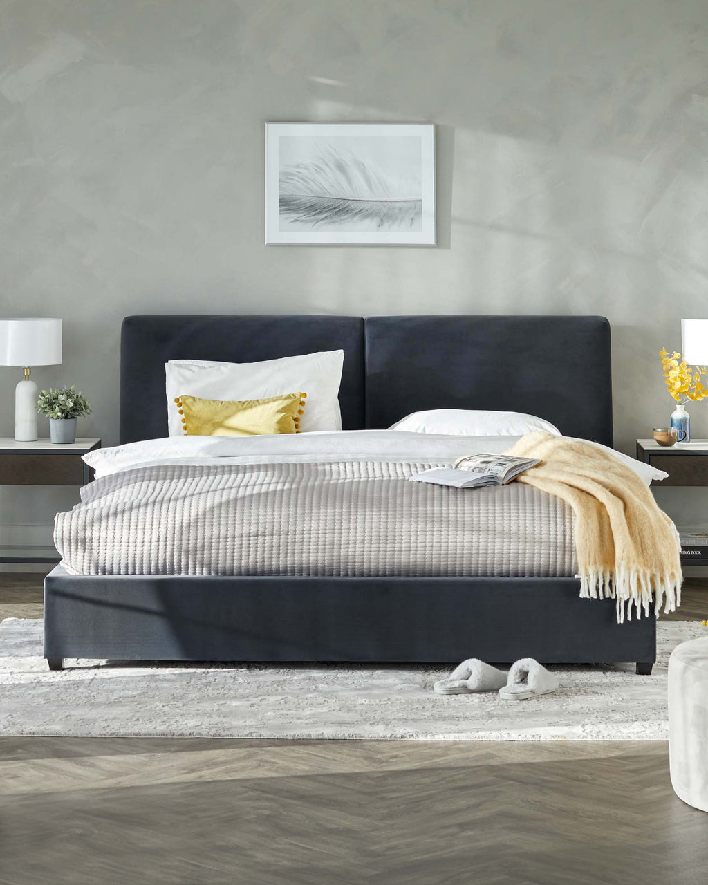 Leona Dark Grey Velvet King Size Ottoman Storage Bed