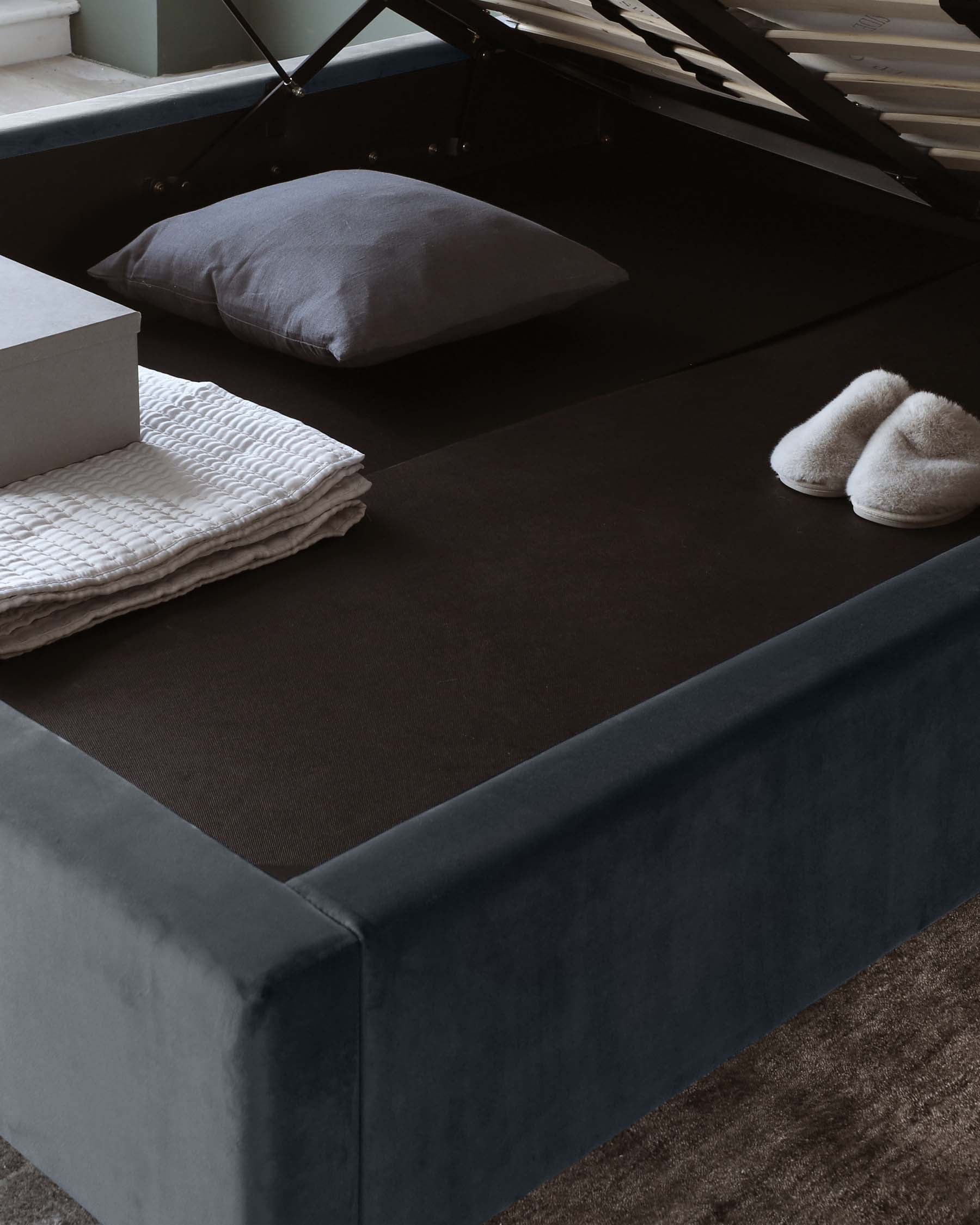 Leona Dark Grey Velvet King Size Ottoman Storage Bed