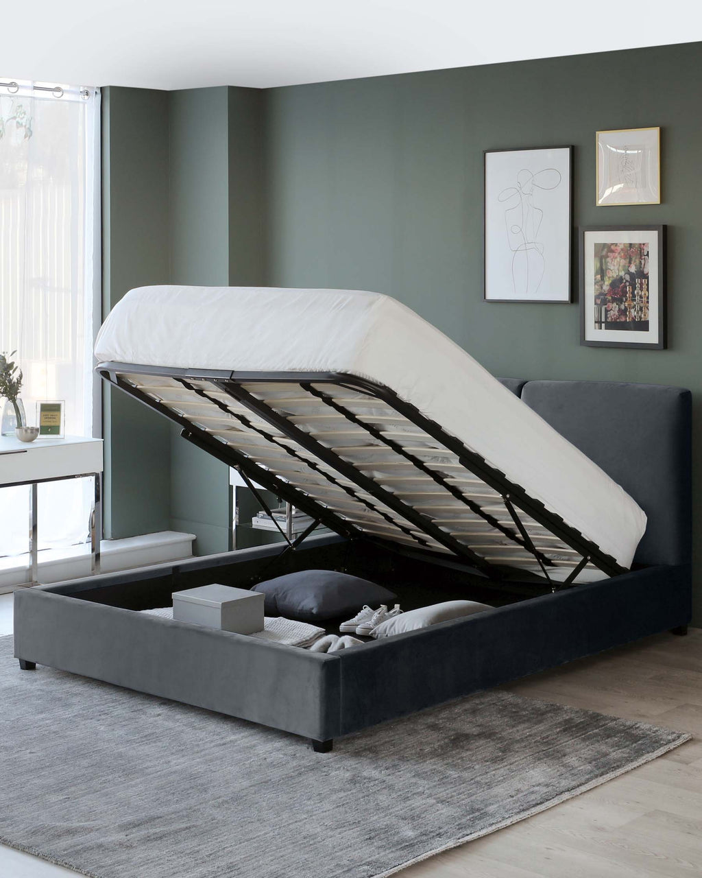 Leona Dark Grey Velvet King Size Ottoman Storage Bed