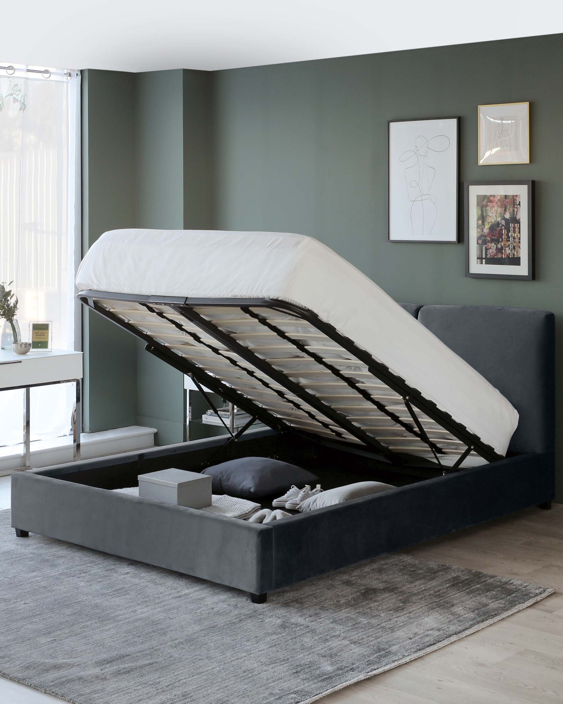 Leona Dark Grey Velvet King Size Ottoman Storage Bed