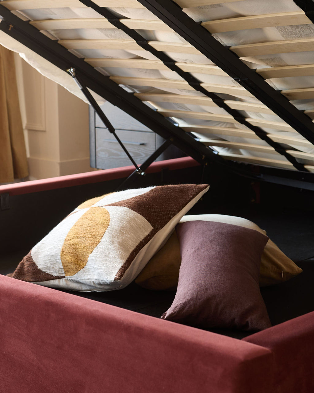 Leona toffee red velvet double ottoman storage bed