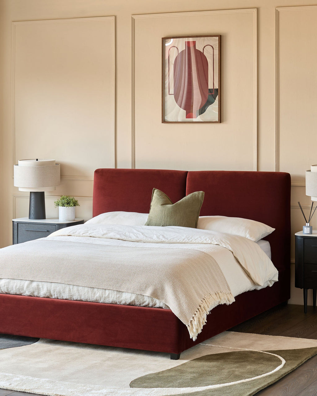 Leona toffee red velvet double ottoman storage bed