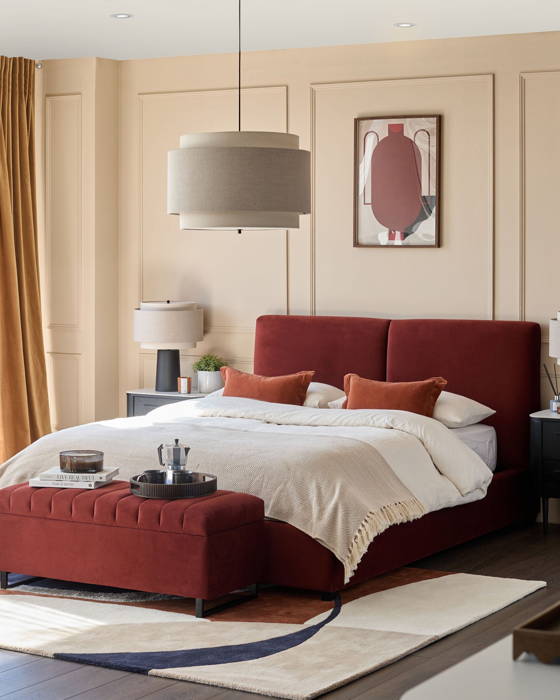 Leona toffee red velvet king ottoman storage bed