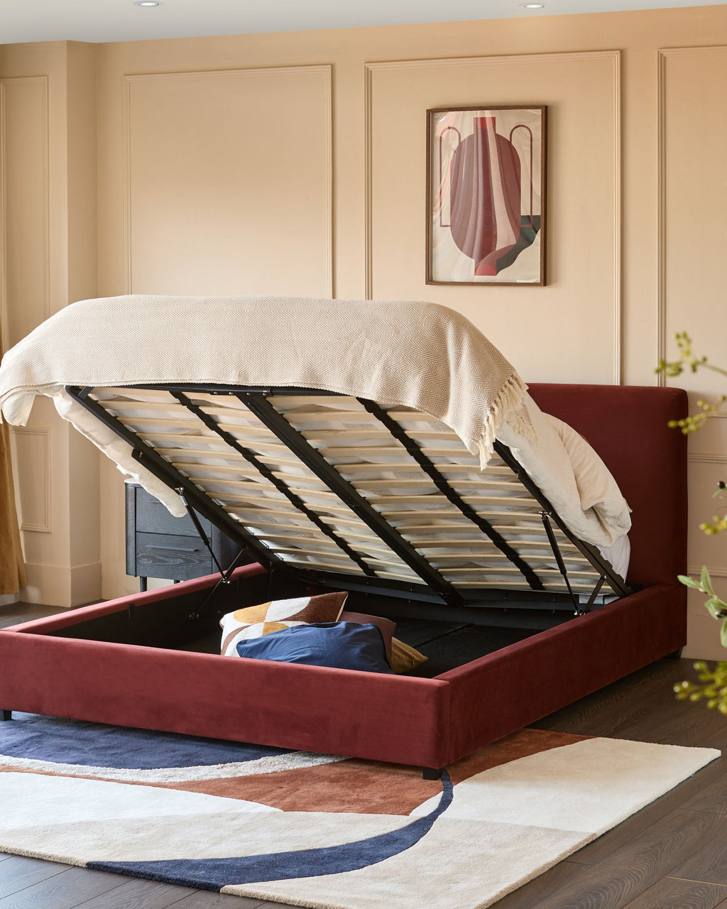Leona toffee red velvet king ottoman storage bed