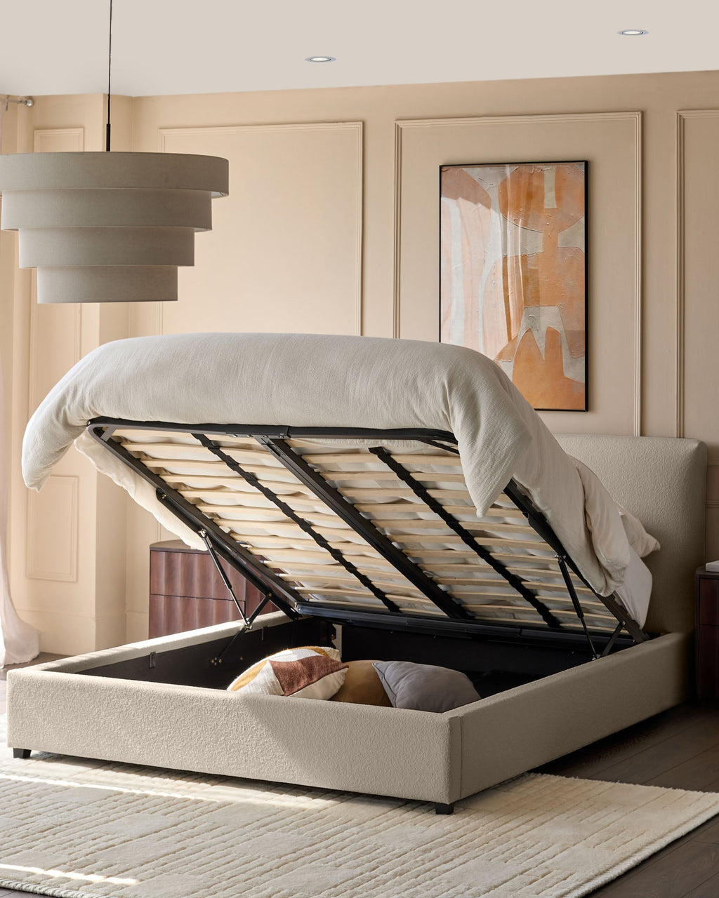 Leona Super King Ottoman Bed Natural Soft Boucle