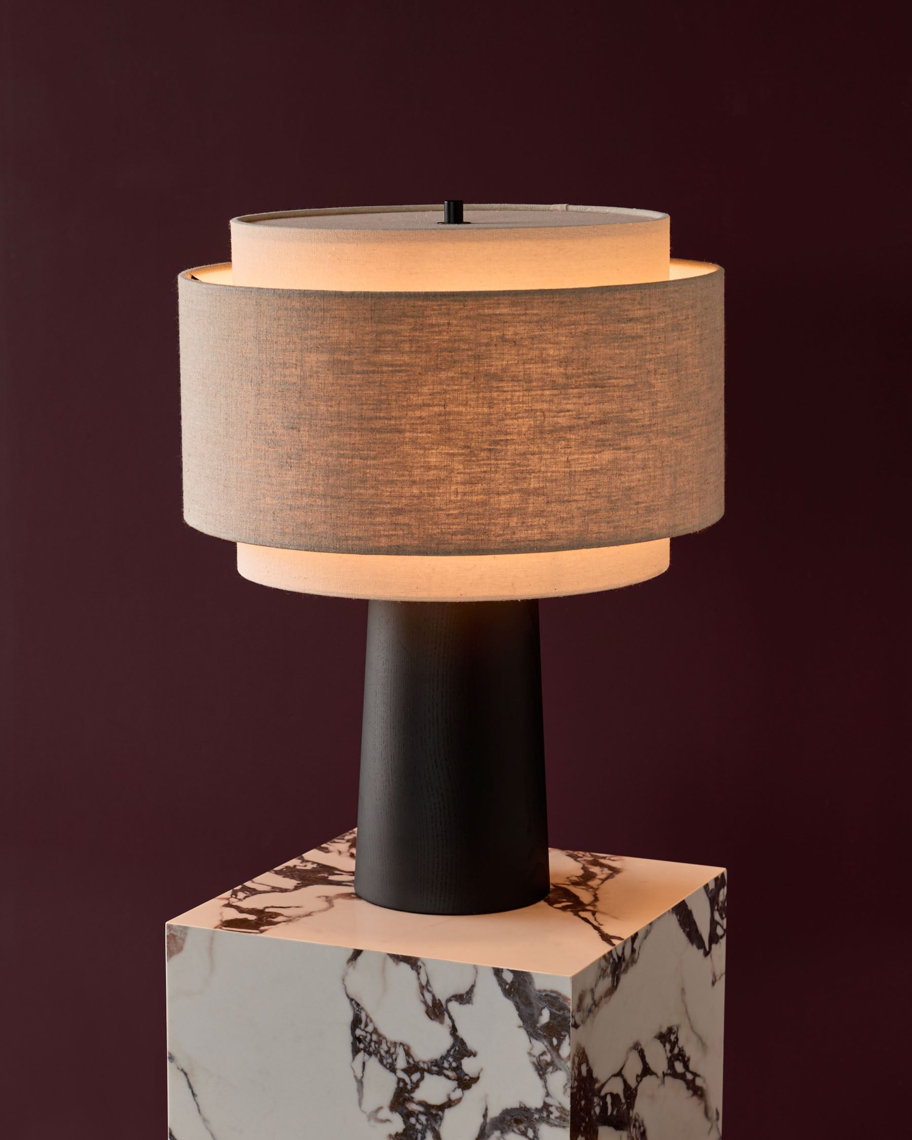 Leonie natural and mocha linen dark wood table lamp