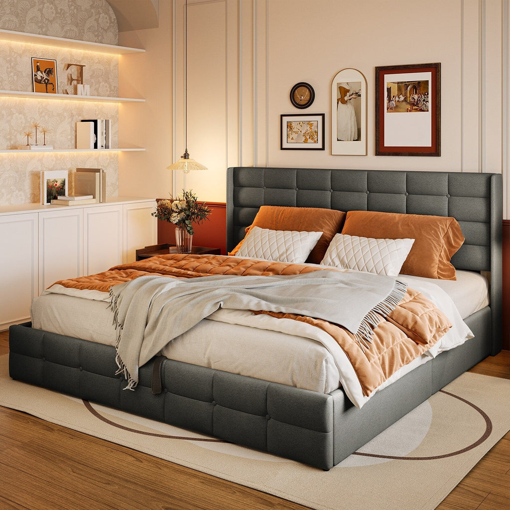 Lift Up Storage Bed Frame, Upholstered Platform Bed Frame with Hydraulic Storage System and Headboard