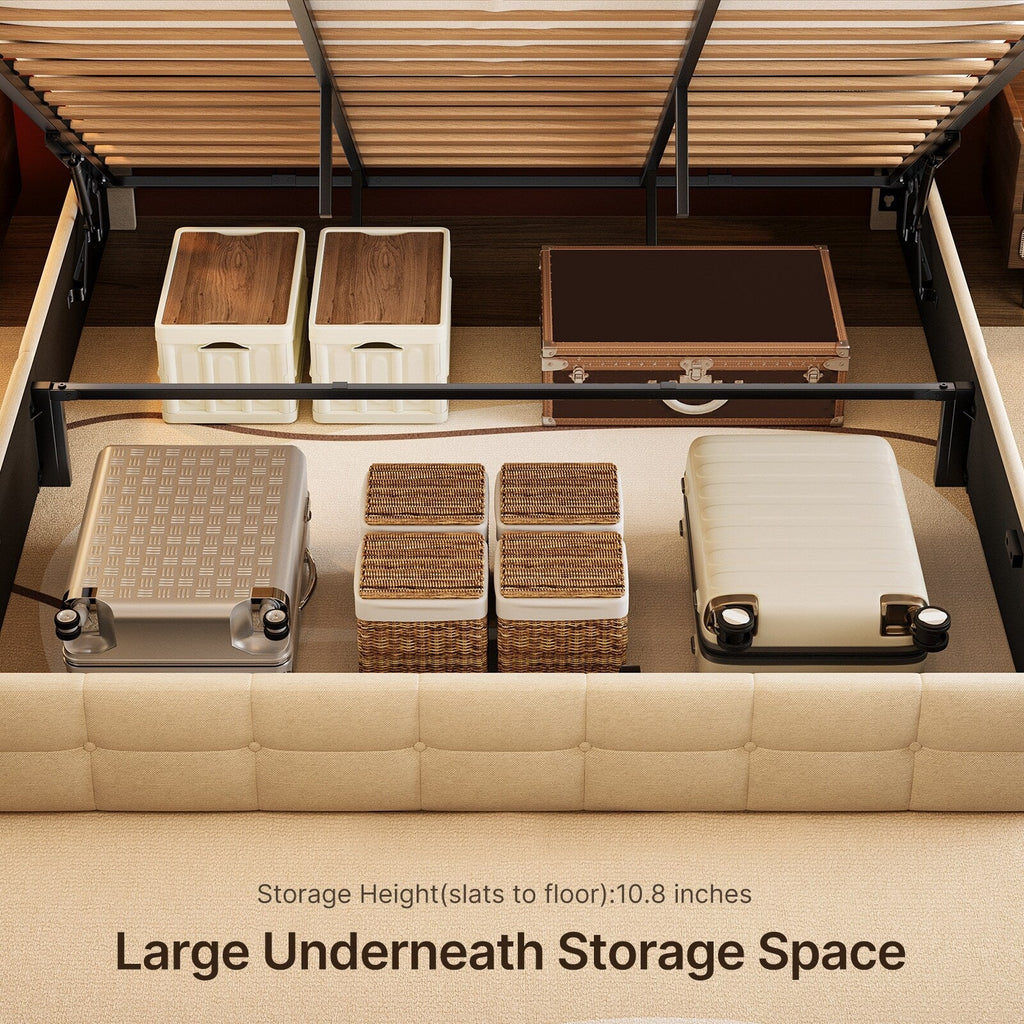 Lift Up Storage Bed Frame, Upholstered Platform Bed Frame with Hydraulic Storage System and Headboard