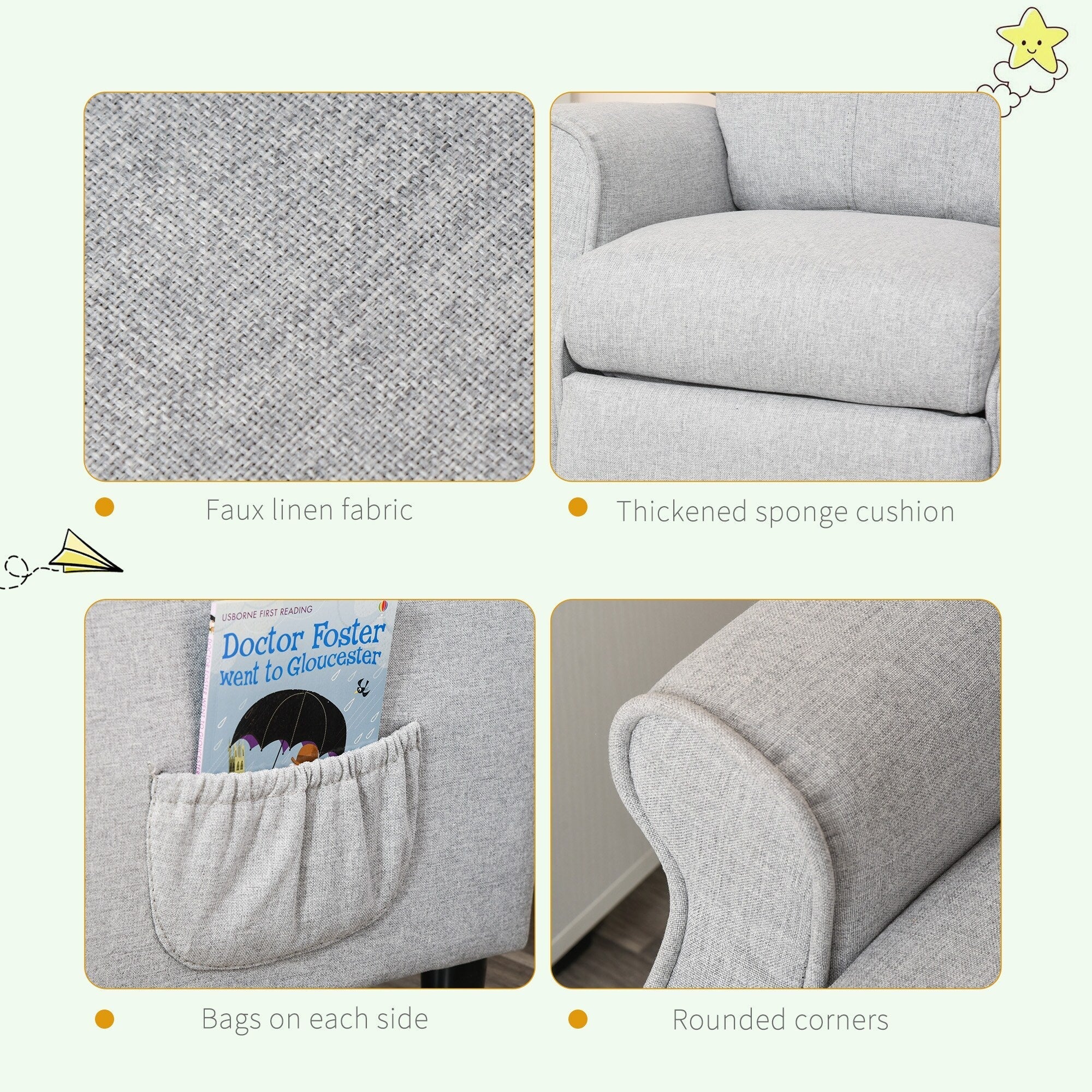 Light Grey Kids Children Upholstered Manual Recliner for 3-5 Years with Footrest and 2 Side Pockets
