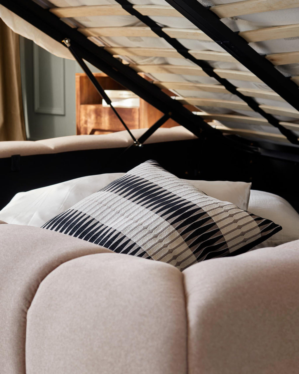 Lillian cream fabric super king ottoman storage bed