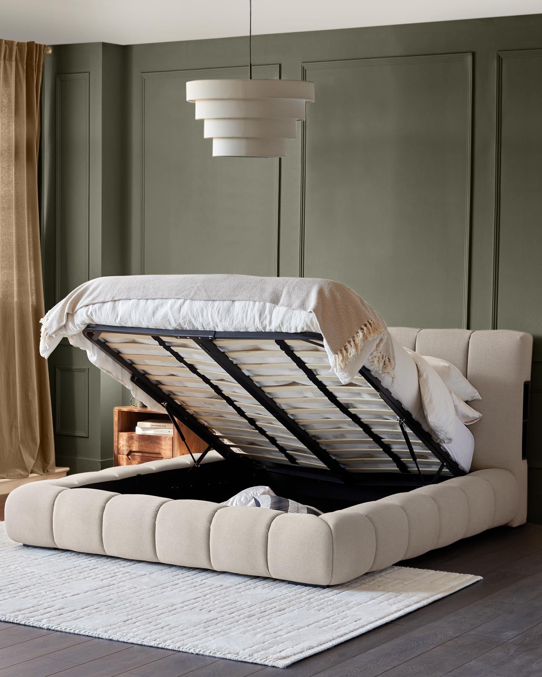 Lillian cream fabric super king ottoman storage bed