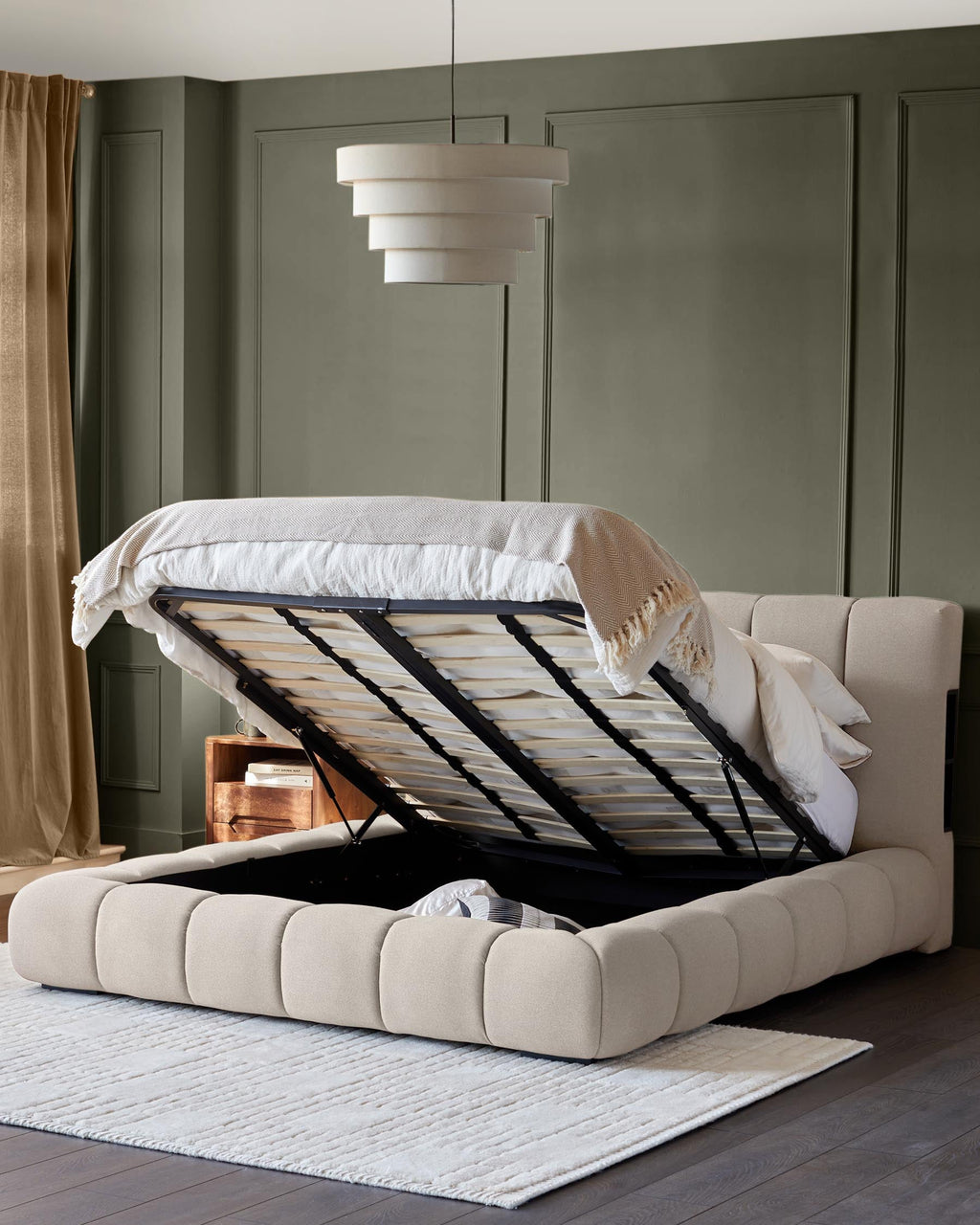 Lillian cream fabric king size ottoman storage bed
