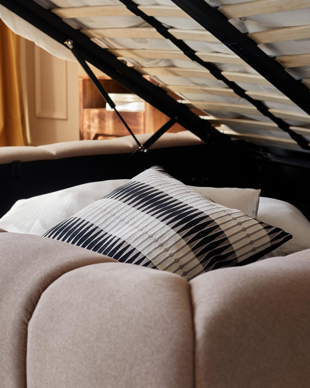 Lillian mocha fabric super king ottoman storage bed