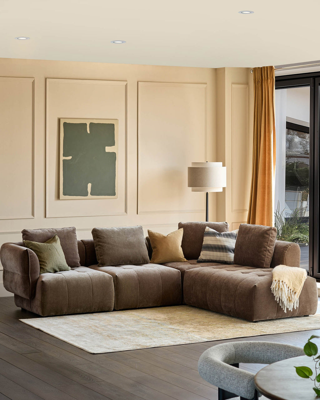 Lillian mocha fabric right hand corner chaise sofa