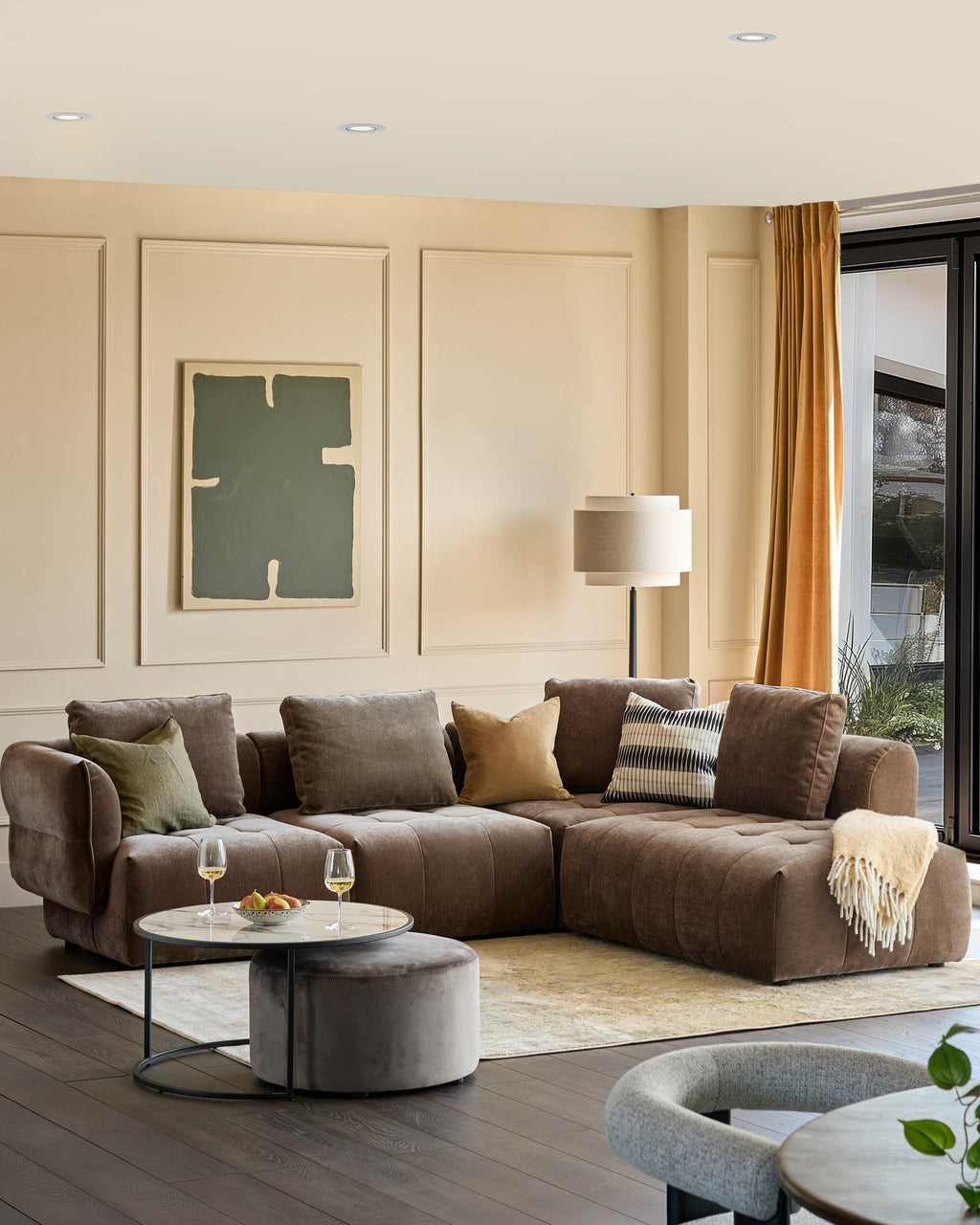 Lillian mocha fabric right hand corner chaise sofa