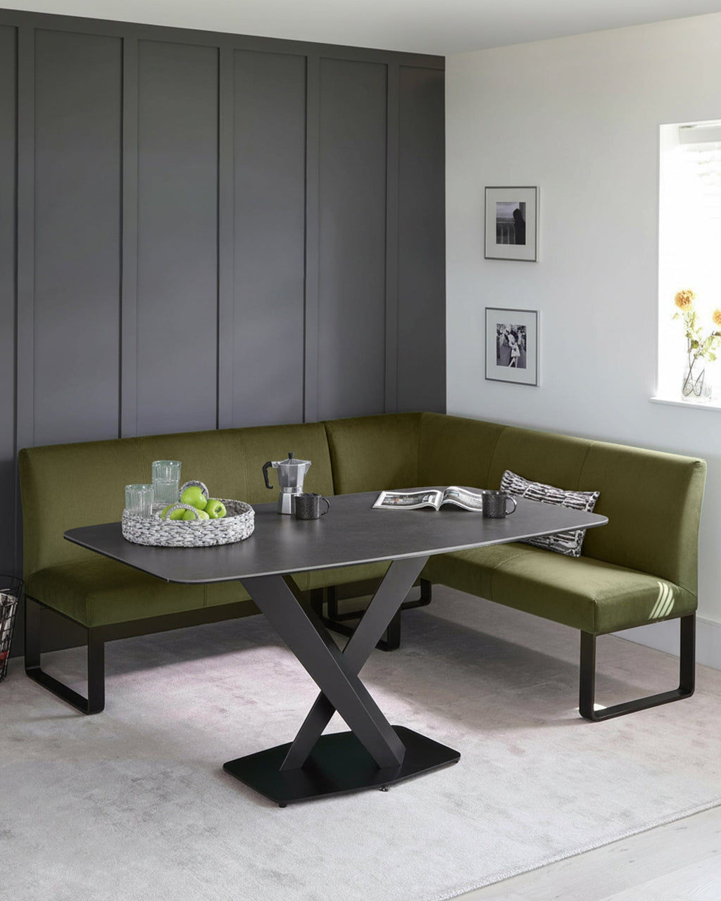Loop olive green velvet black metal left hand corner 5 seater dining bench