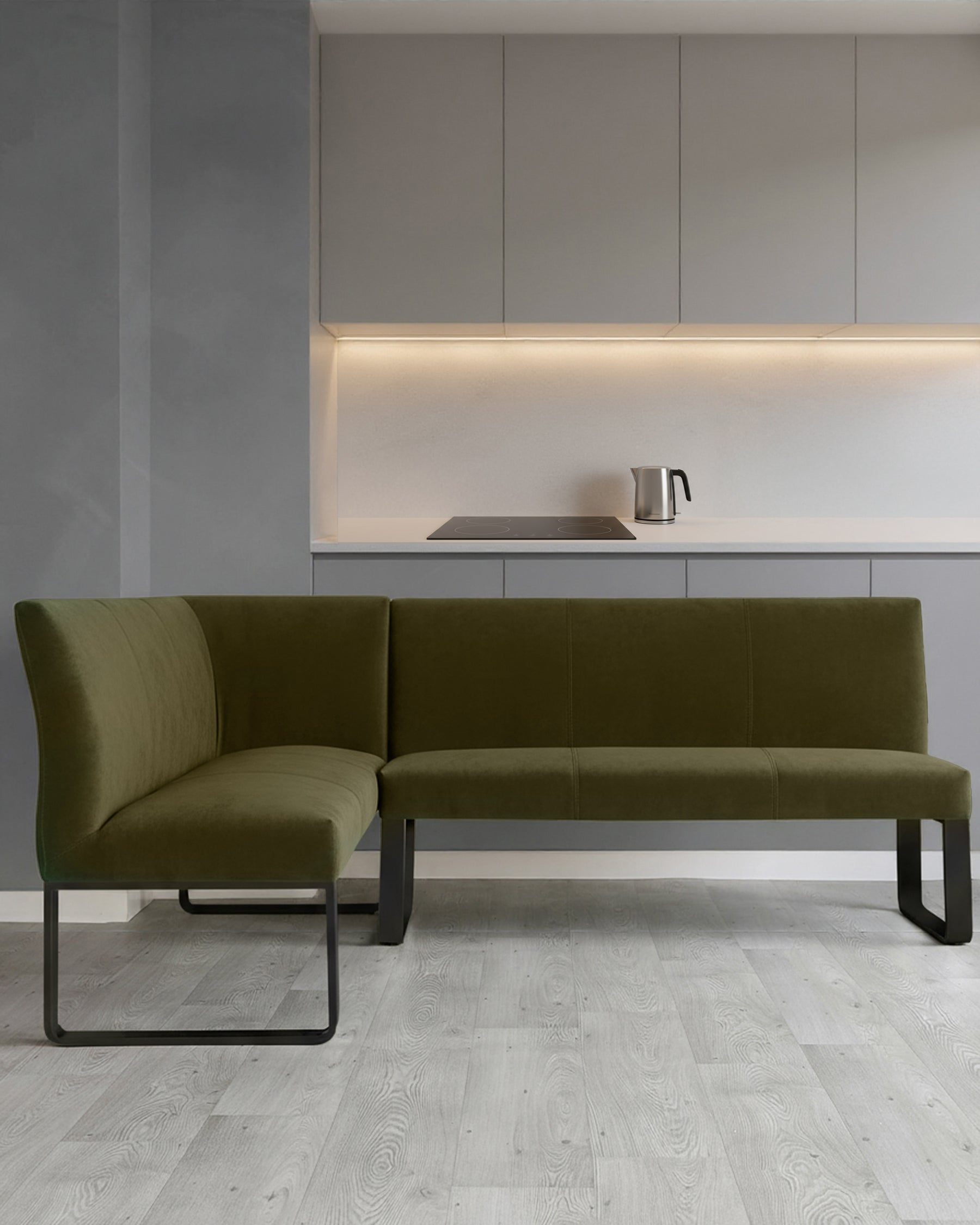 Loop olive green velvet black metal right hand corner 5 seater dining bench