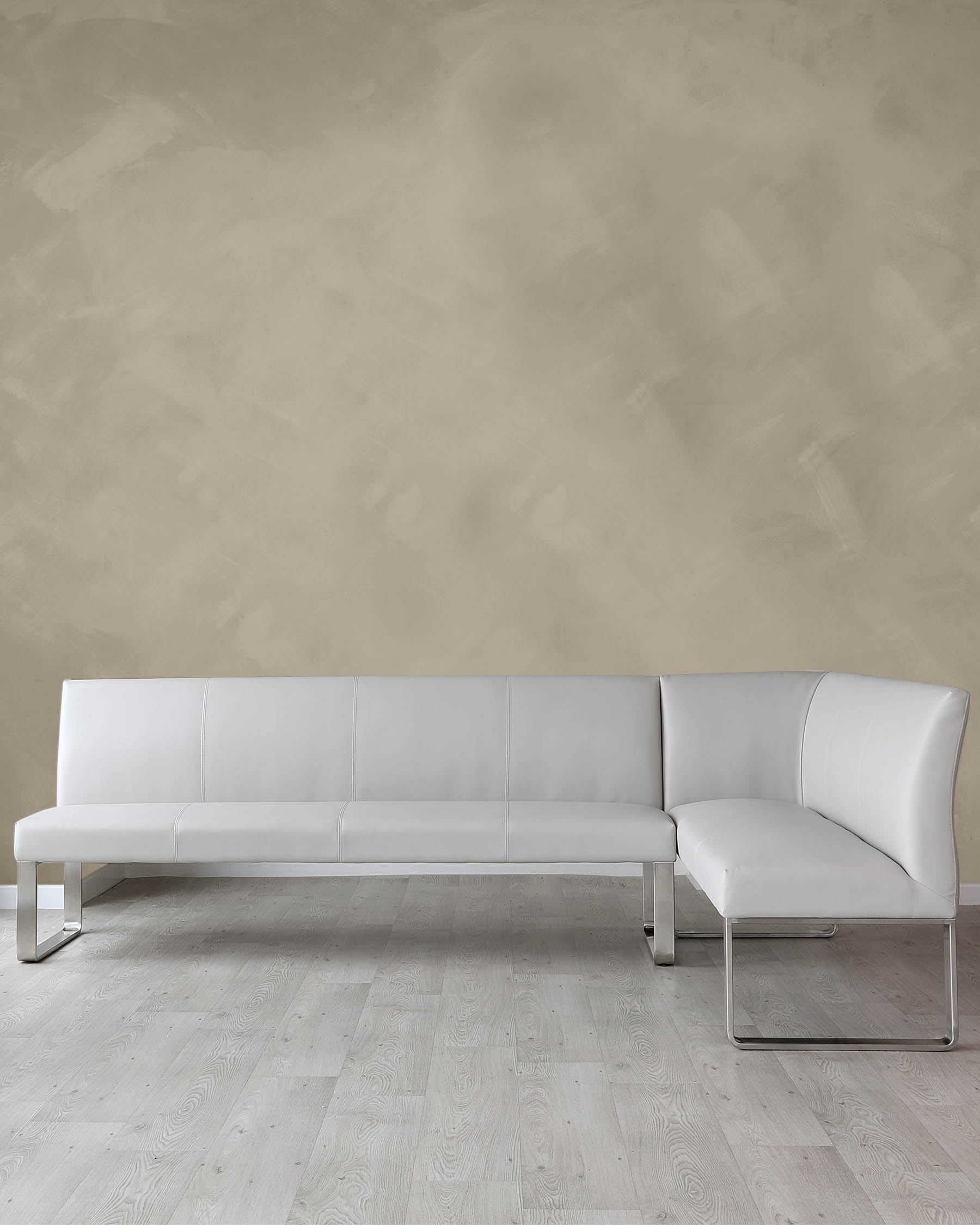 Loop 7 Seater Light Grey Faux Leather & Stainless Steel Left Hand Corner Dining Bench