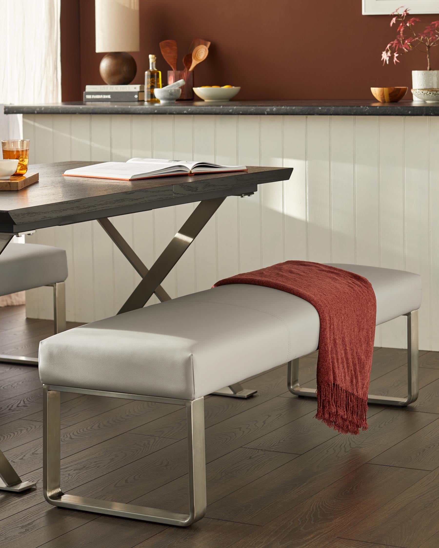 Loop 3 Seater Light Grey Faux Leather & Stainless Steel Bench Without Backrest