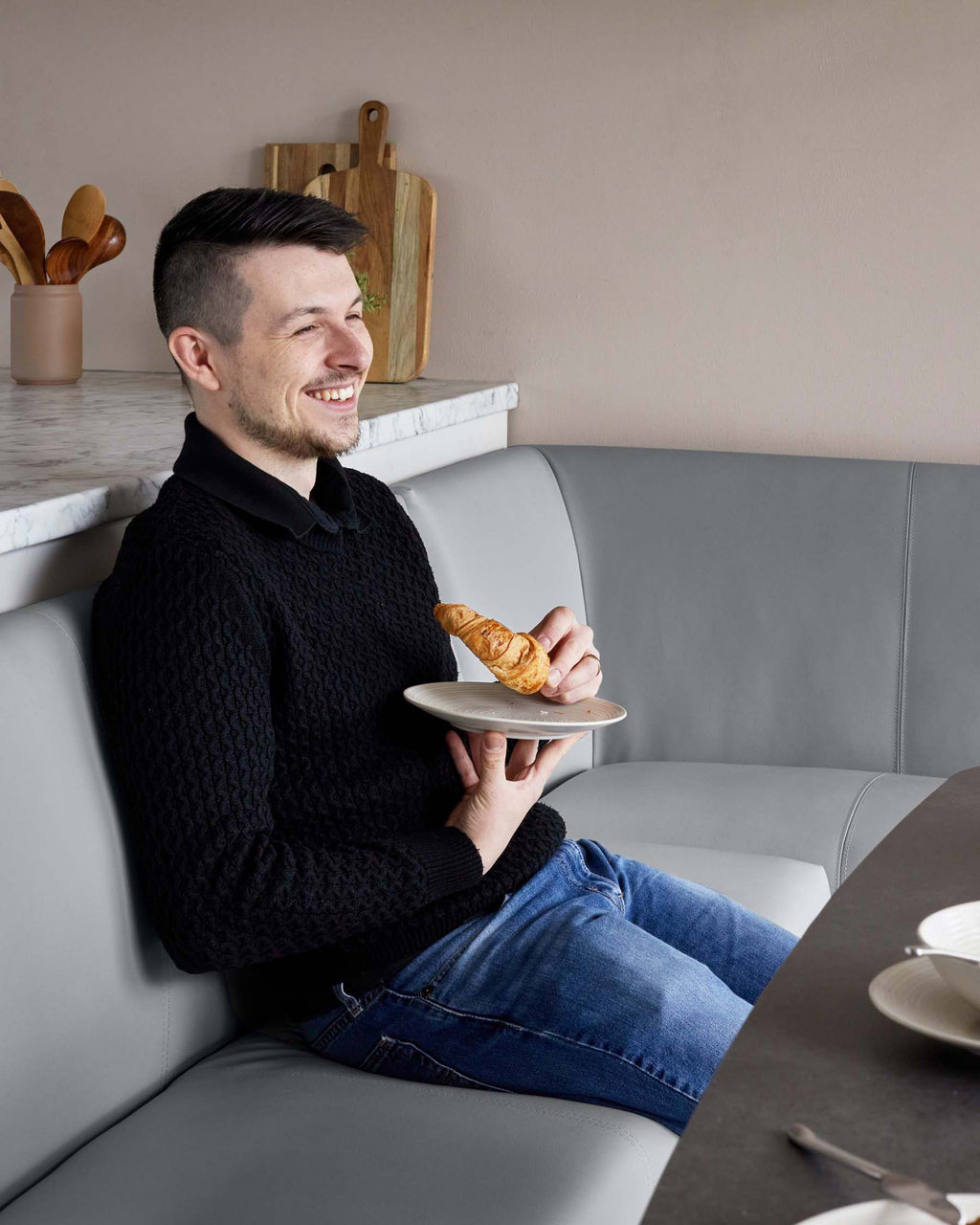 Loop 7 Seater Mid Grey Faux Leather & Black Leg Left Hand Corner Dining Bench