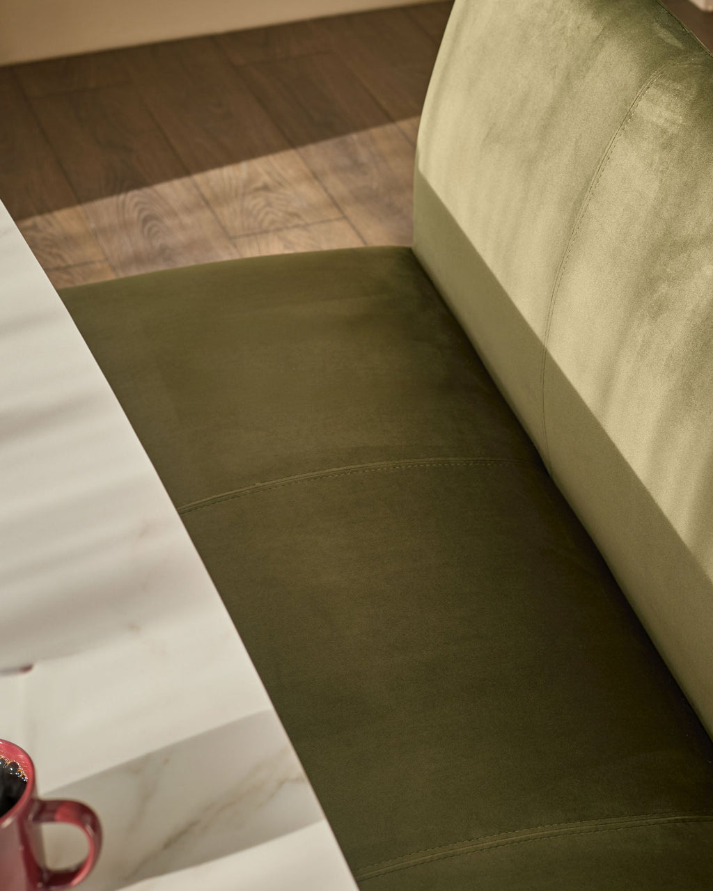 Loop olive green velvet black metal right hand corner 5 seater dining bench