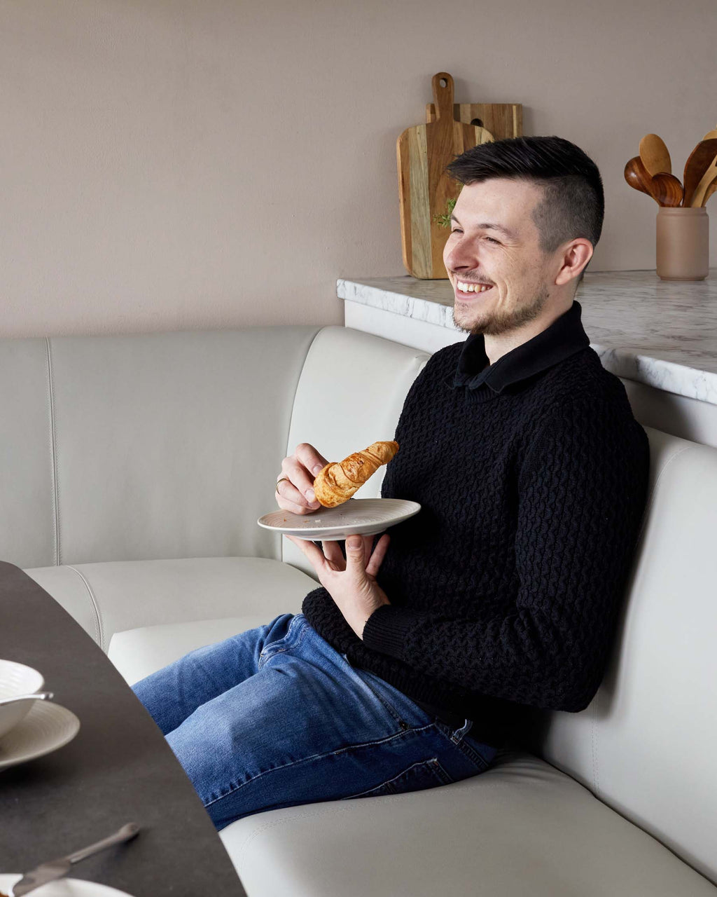 Loop 7 Seater Light Grey Faux Leather & Black Leg Right Hand Corner Dining Bench