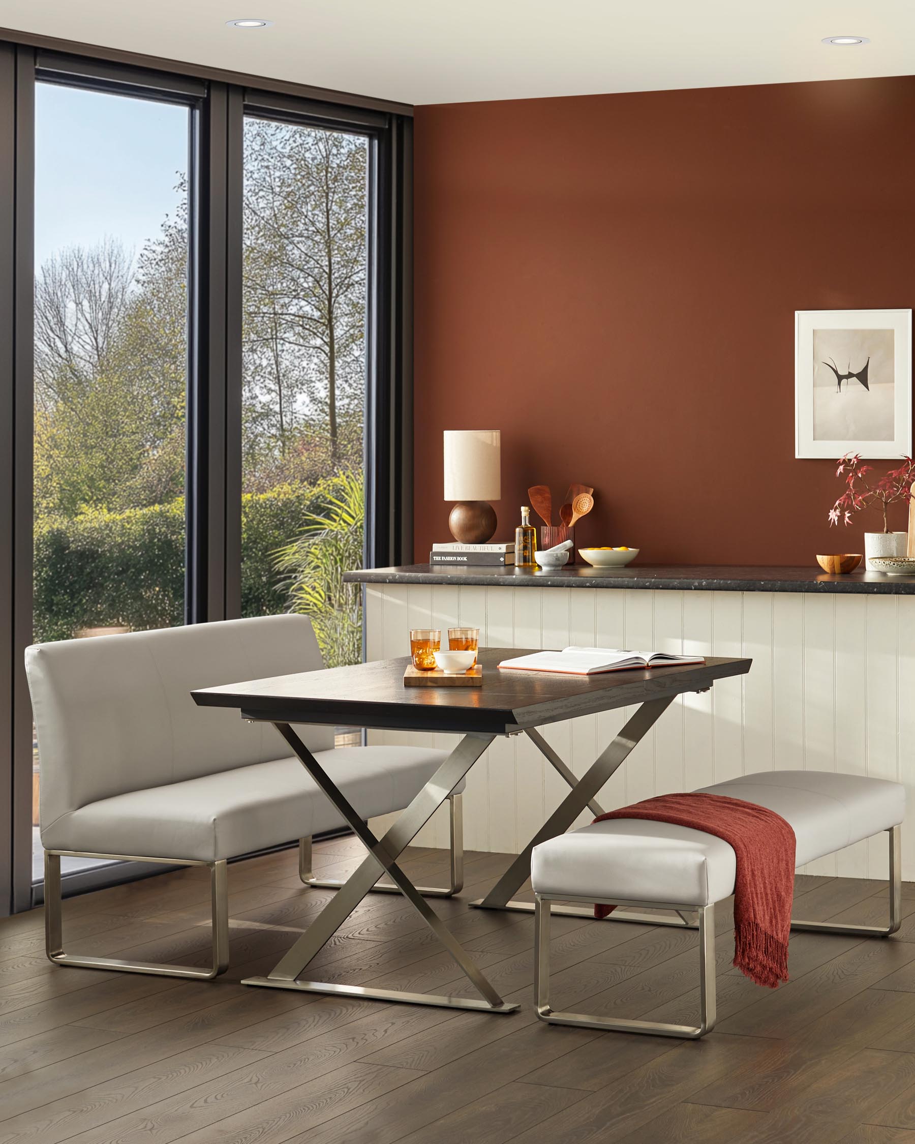 Loop 3 Seater Light Grey Faux Leather & Stainless Steel Dining Bench With Backrest