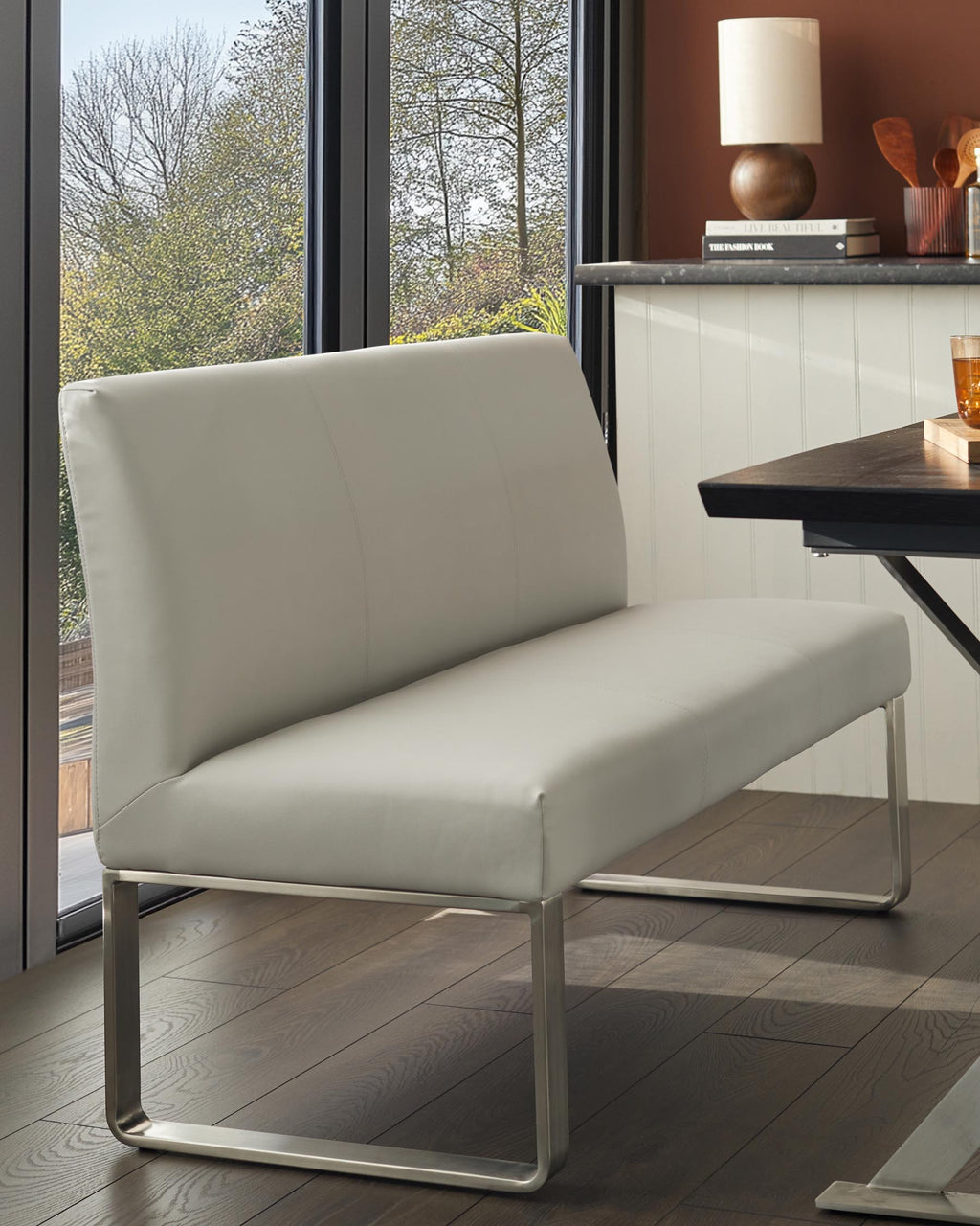 Loop 3 Seater Light Grey Faux Leather & Stainless Steel Dining Bench With Backrest
