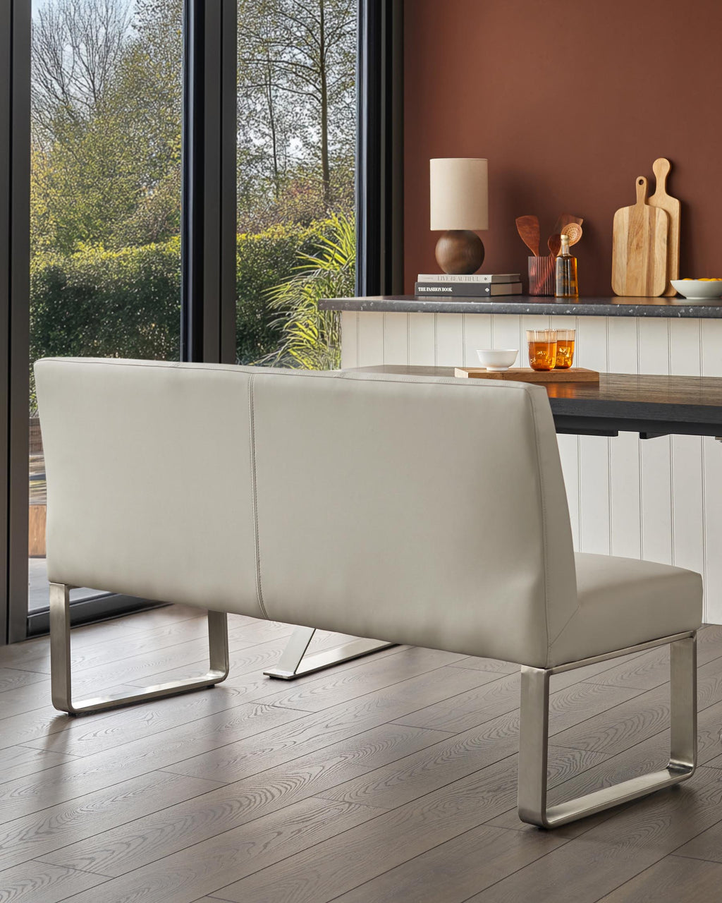 Loop 3 Seater Light Grey Faux Leather & Stainless Steel Dining Bench With Backrest