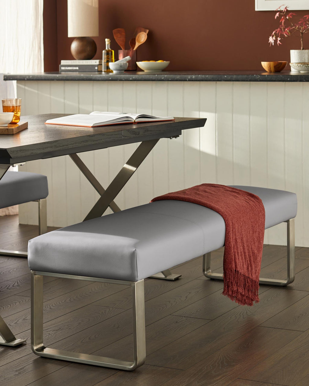 Loop 3 Seater Grey Faux Leather & Stainless Steel Bench Without Backrest