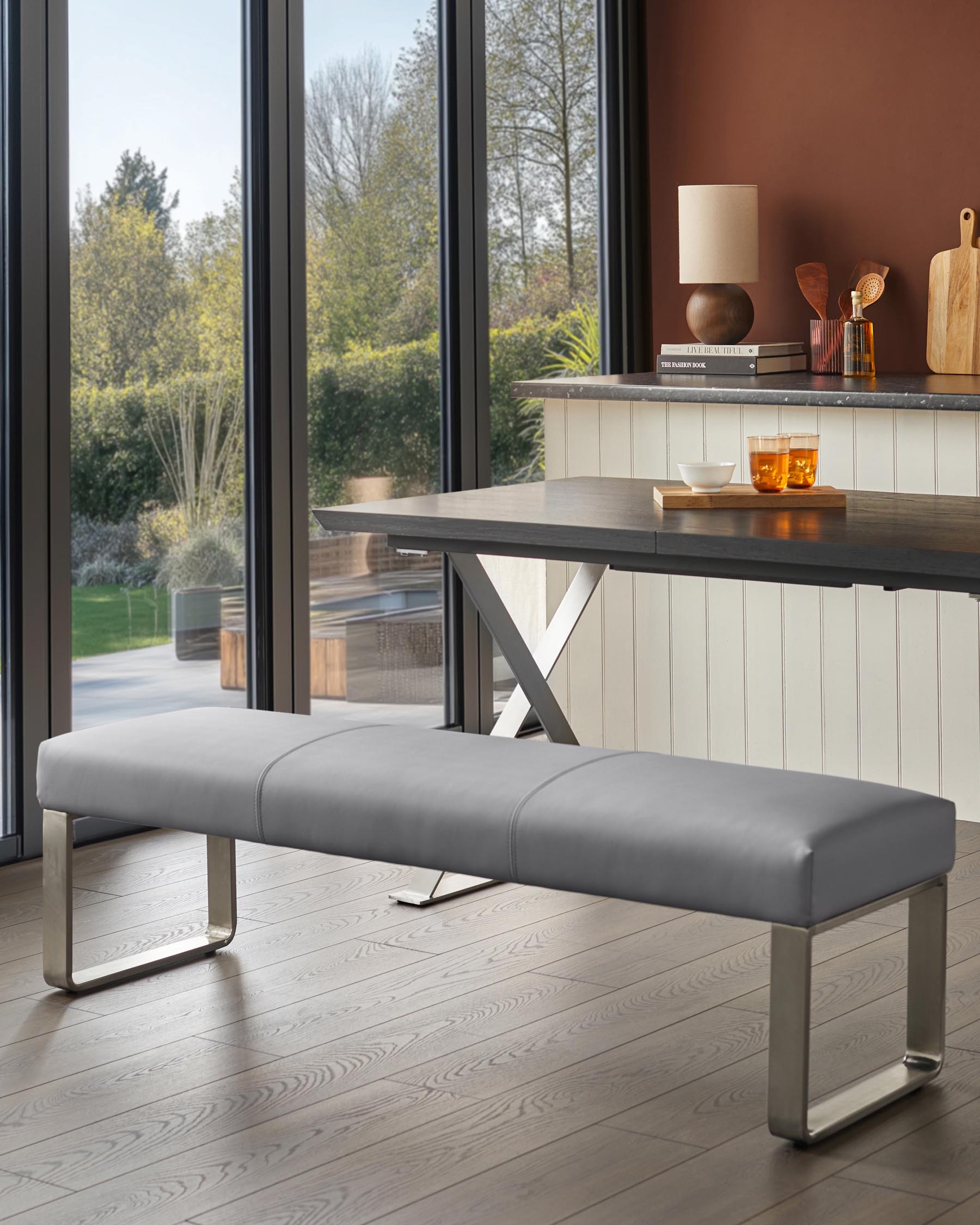 Loop 3 Seater Grey Faux Leather & Stainless Steel Bench Without Backrest