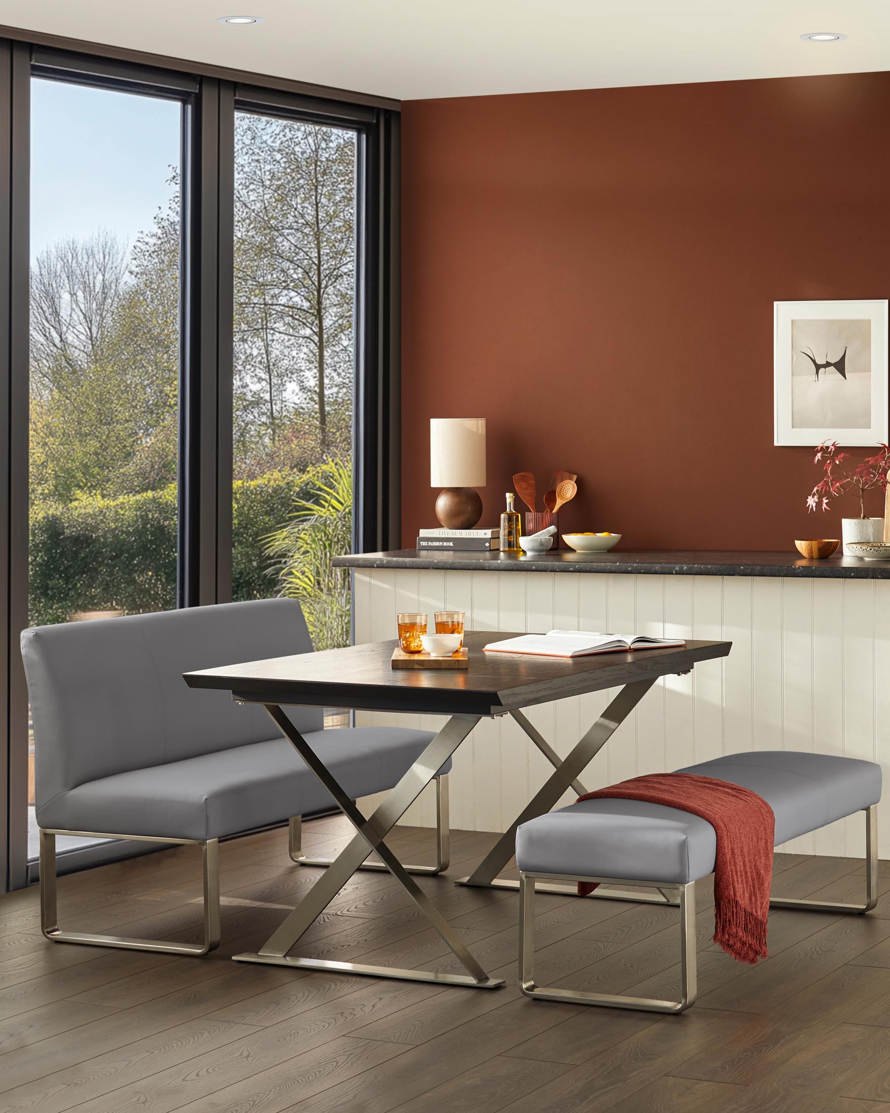 Loop 3 Seater Grey Faux Leather & Stainless Steel Bench Without Backrest