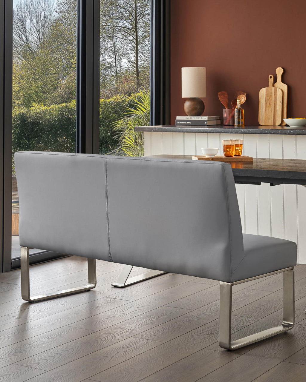Loop 3 Seater Grey Faux Leather & Stainless Steel Dining Bench With Backrest
