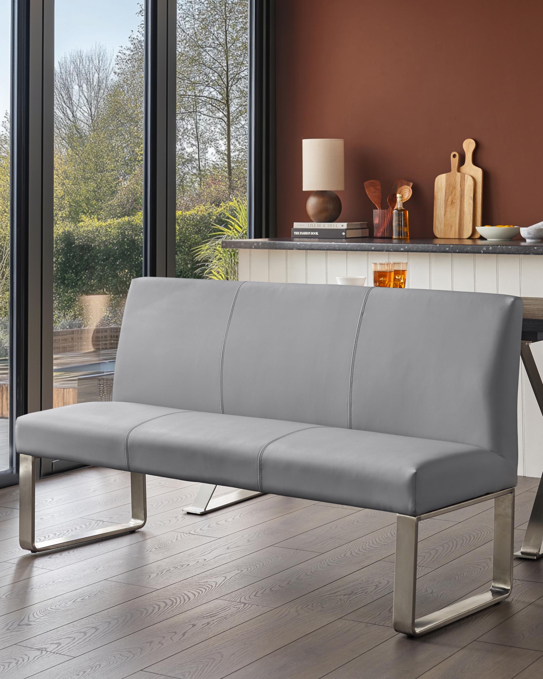 Loop 3 Seater Grey Faux Leather & Stainless Steel Dining Bench With Backrest
